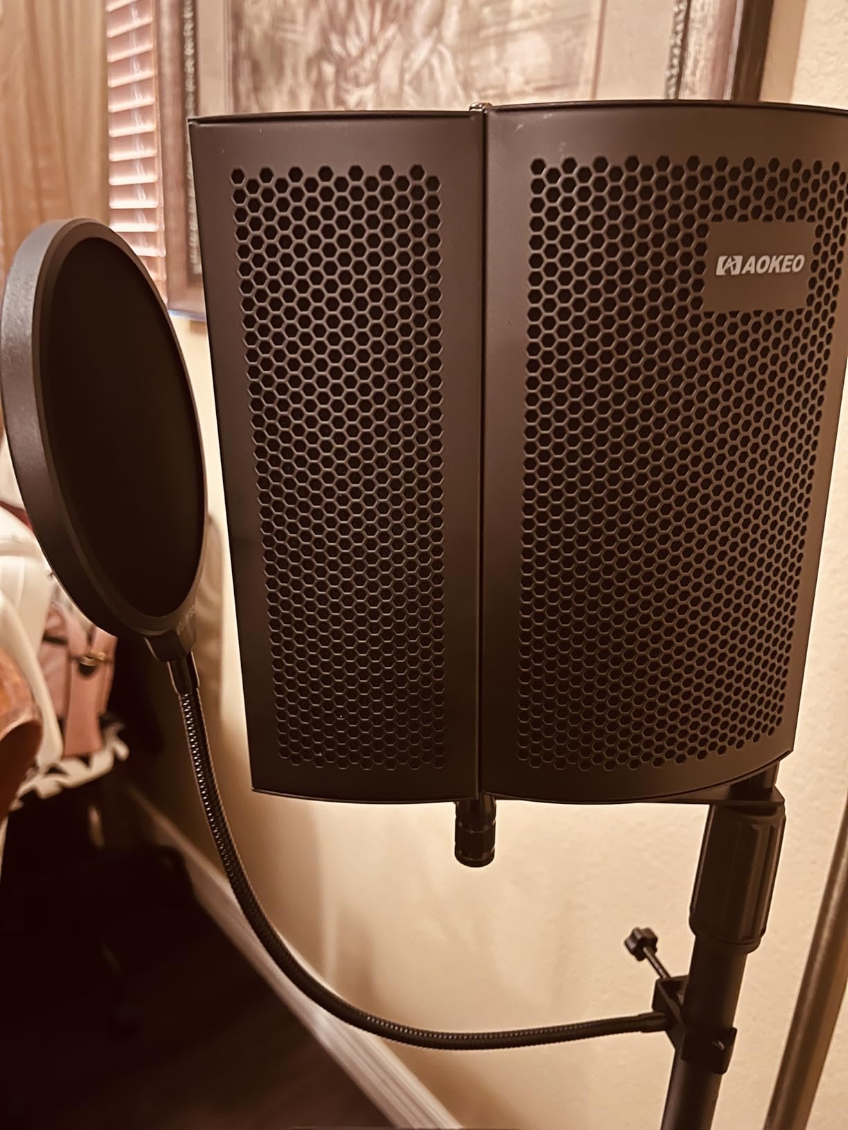 Professional Studio Recording Microphone Isolation Shield, Pop Filter, High density absorbent foam is used to filter vocal. Suitable for Blue Yeti and other condenser microphones (AO-504 With Stand) customer photo 2