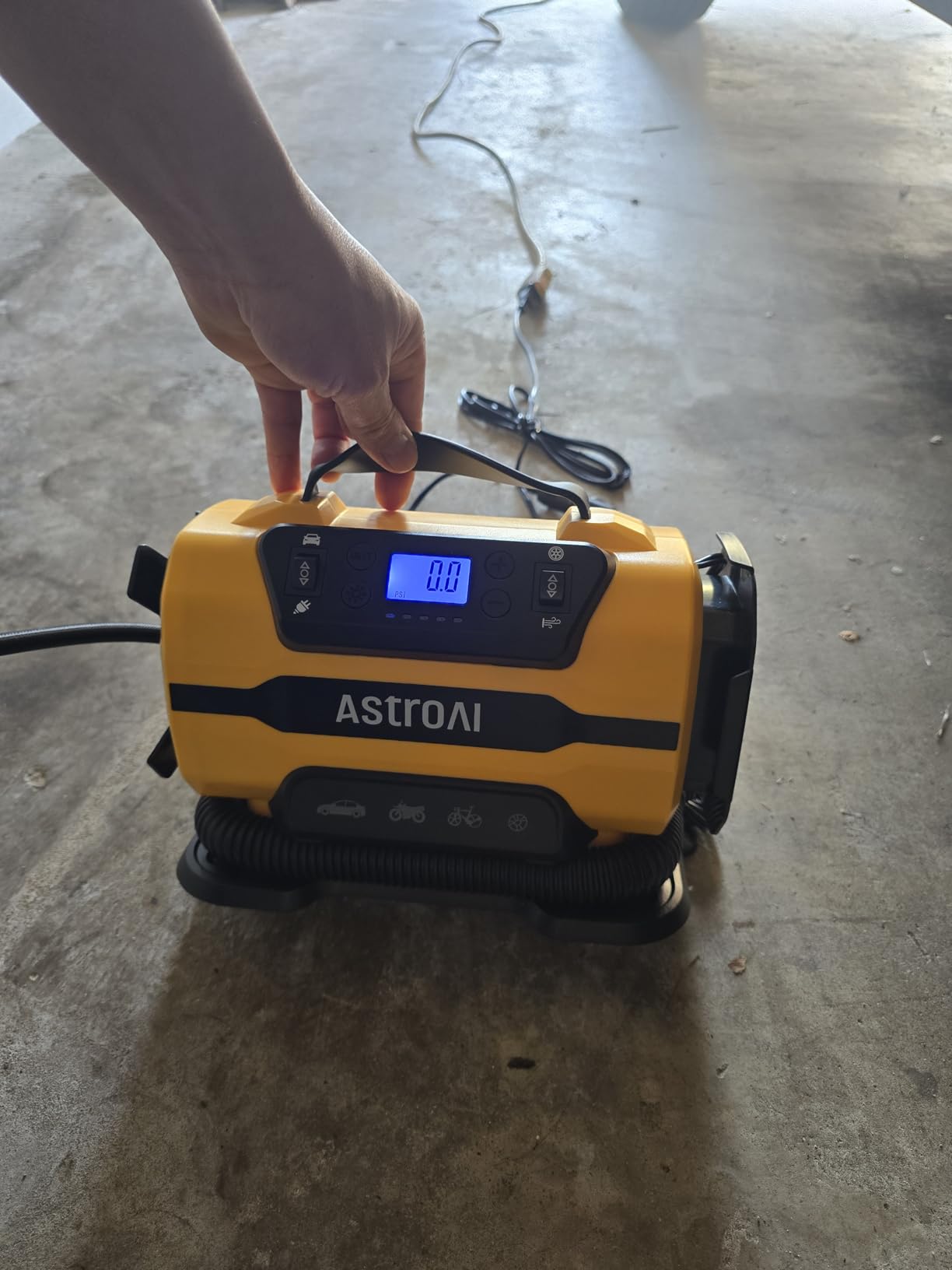 AstroAI Tire Inflator Portable Air Compressor Pump 150PSI 12V DC/110V AC with Dual Metal Motors&LED Light, Automotive Car Accessories&Two Modes for Car, Bicycle Tires and Air Mattresses, Yellow customer photo 2