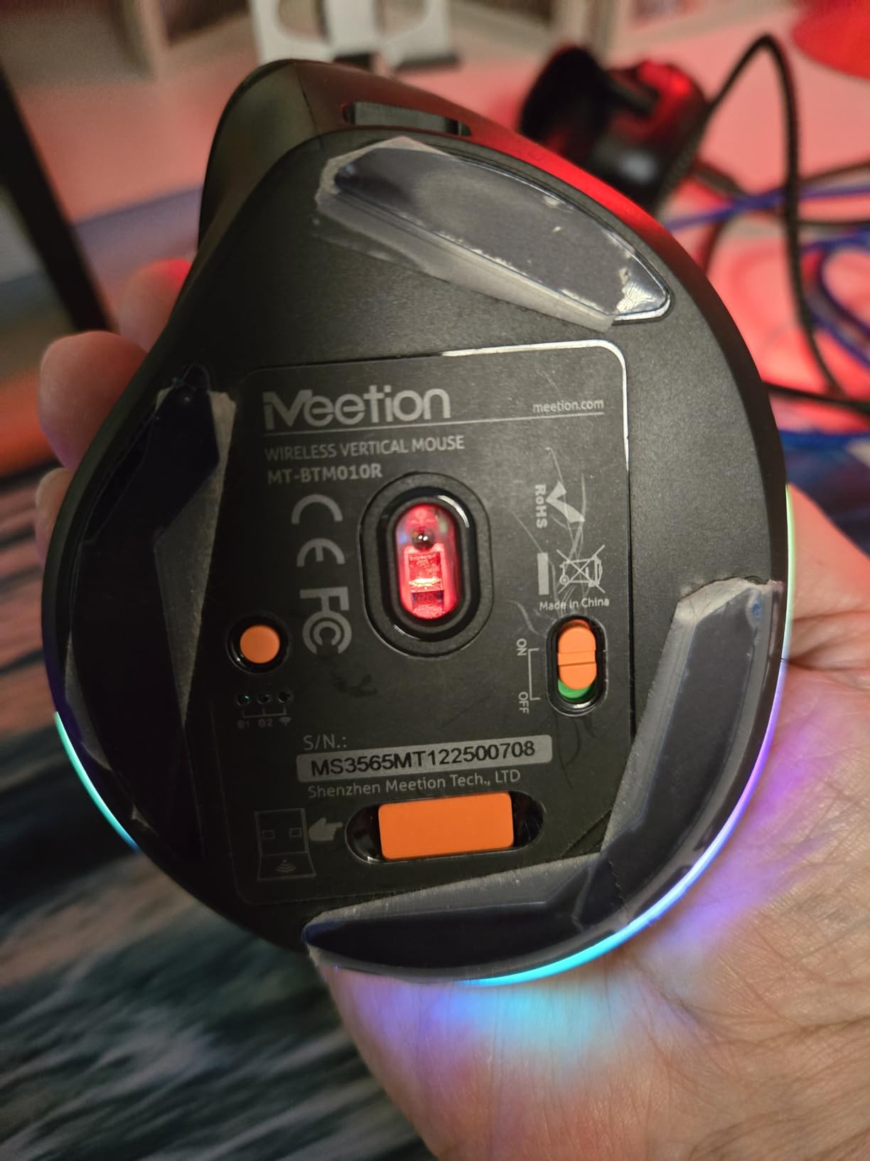 MEETION Left-Handed Ergonomic Mouse, Wireless Vertical RGB Rechargeable Mouse, Bluetooth(5.2 + 3.0) & USB-A with USB-C Adapter 4 Adjustable DPI Mice for Mac/Windows/PC/Tablet/iPad Black customer photo 1