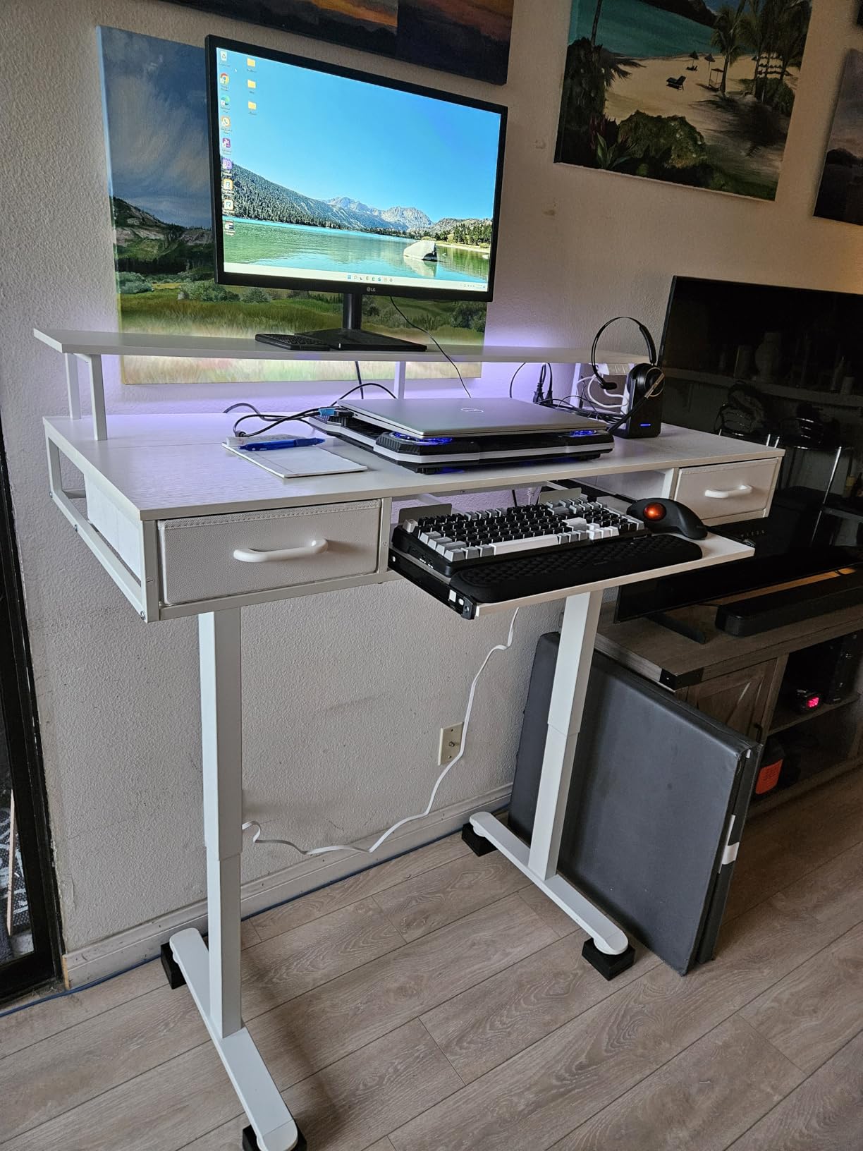 AODK Electric Standing Desk with Drawers & Keyboard Tray, 55 Inch Height Adjustable Gaming Desk with Power Outlets & LED Lights, Sit Stand Table with Monitor Stand customer photo 1