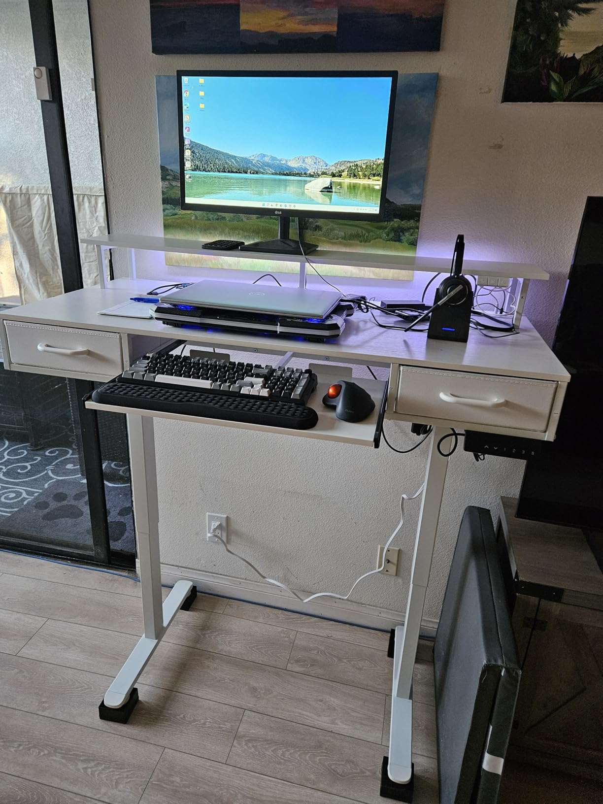 AODK Electric Standing Desk with Drawers & Keyboard Tray, 55 Inch Height Adjustable Gaming Desk with Power Outlets & LED Lights, Sit Stand Table with Monitor Stand customer photo 2