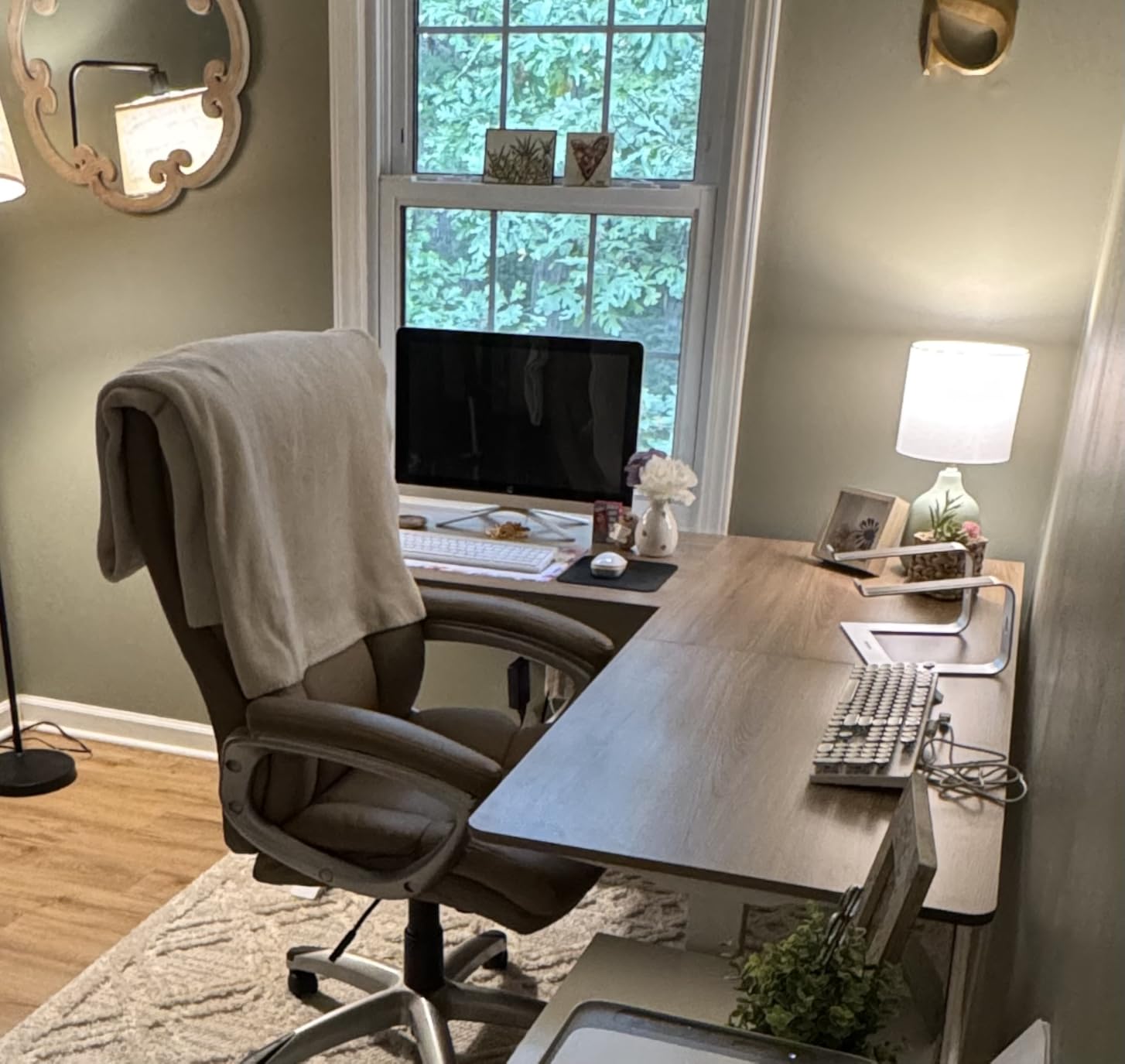 TIQLAB L Shaped Standing Desk Adjustable Height, Reversible Electric Corner Standing Desk, 63 x 55 inch Sit Stand Computer Table with Splice Board, Maple customer photo 2