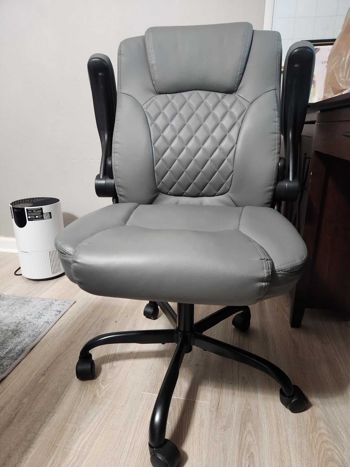Leather Office Chair, PU Home Computer Desk Chairs with Ergonomic Back Support, 360°Swivel Free, Small Gaming Chair with Wheels and Adjustable Armrests, for Short People Use, Black customer photo 2