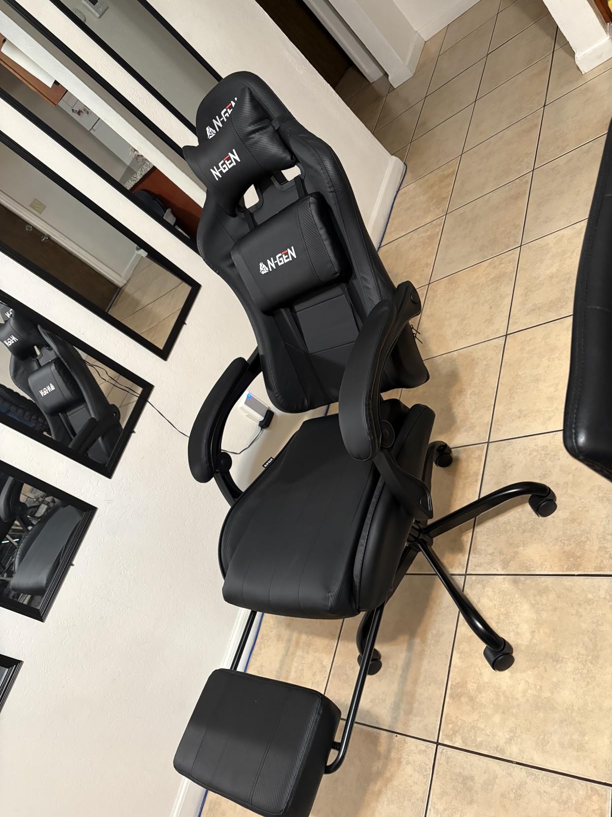 N-GEN GAMING Video Gaming Chair with Footrest Lumbar Support for Home Office High Back Recliner Height Adjustable Ergonomic Comfy Leather Computer Desk Chair (White) customer photo 2