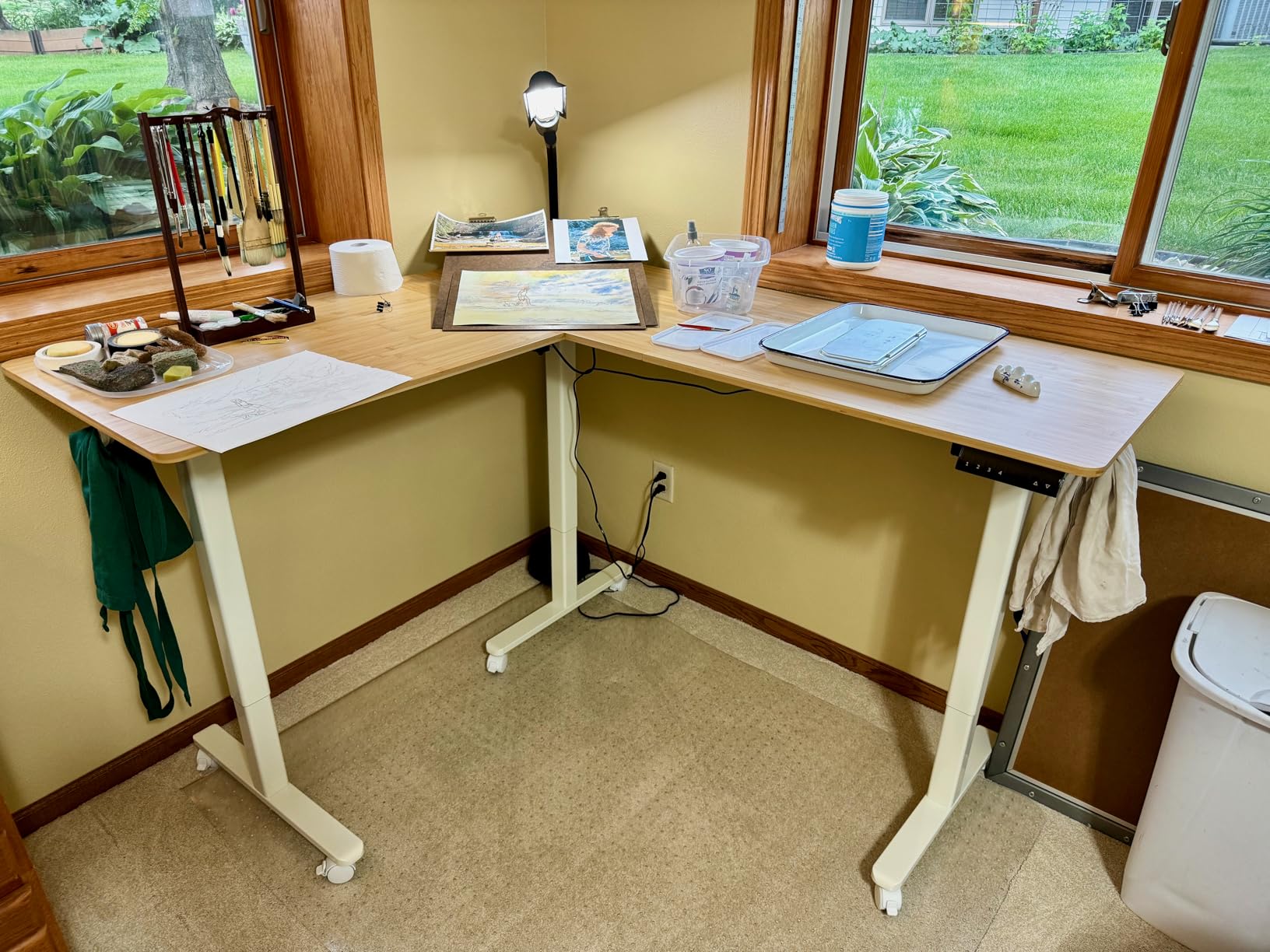 Claiks L Shaped Standing Desk Adjustable Height, Dual Motor Electric Corner Standing Desk, 63x55 inch with Bamboo customer photo 1
