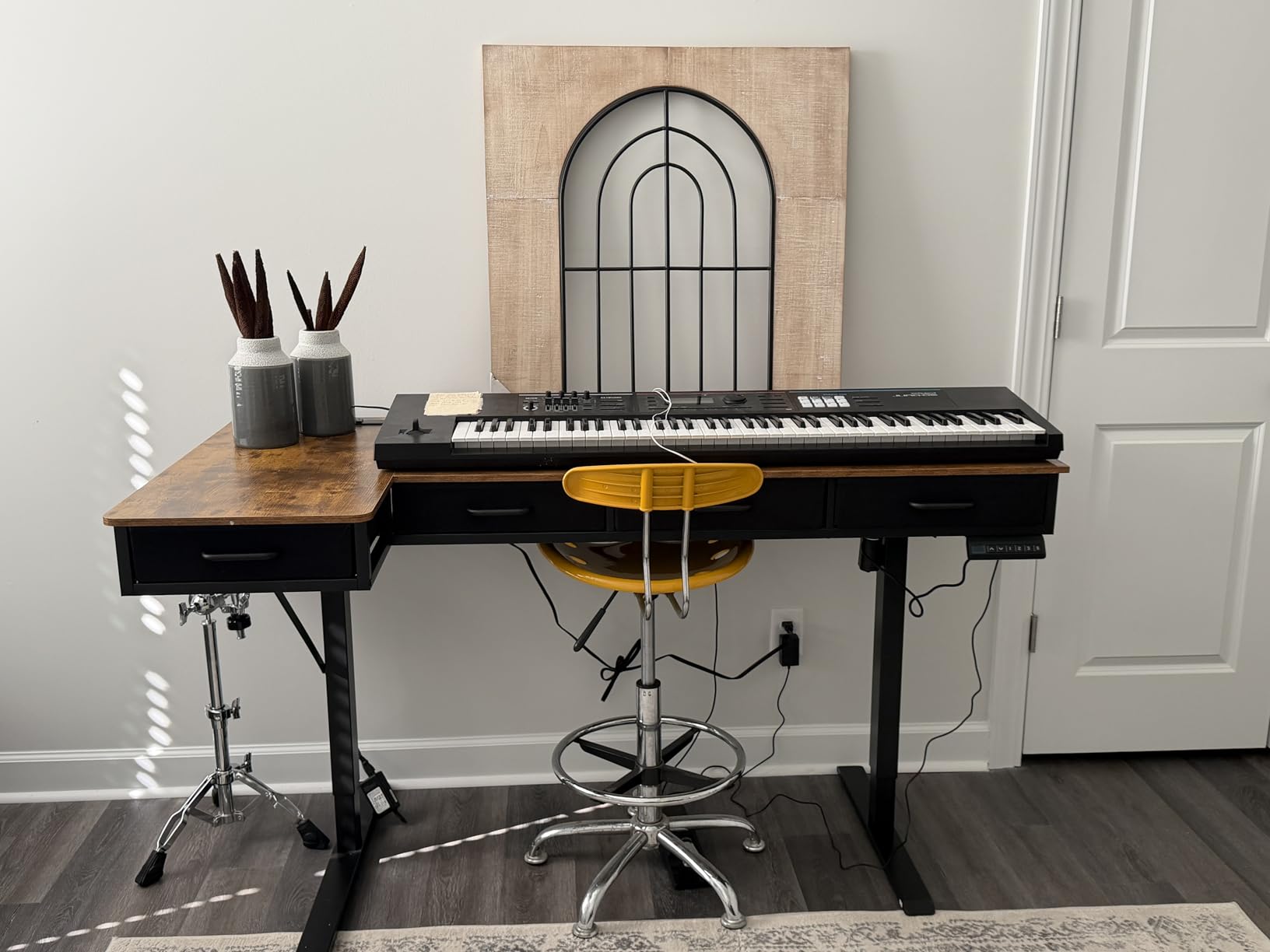 OffiGo 63 Inch L Shaped Electric Standing Desk with Drawers, Height Adjustable Large Desk with Power Outlets, Sit Stand Table, Writing Computer Desk for Home, Office, Workstation, Rustic Brown customer photo 2