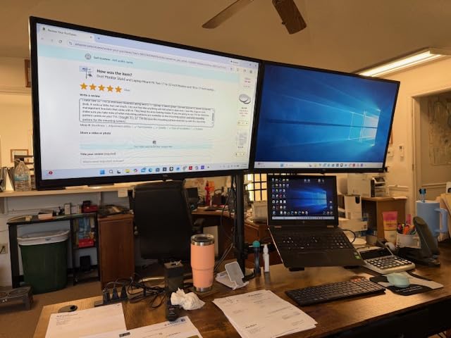 Dual Monitor Stand and Laptop Mount Fit Two 17 to 32 Inch Monitor and 10 to 17 Inch Laptop, Extra Tall Adjustable Stand, 19.8 lbs Weight Capacity per Arm, Black customer photo 1