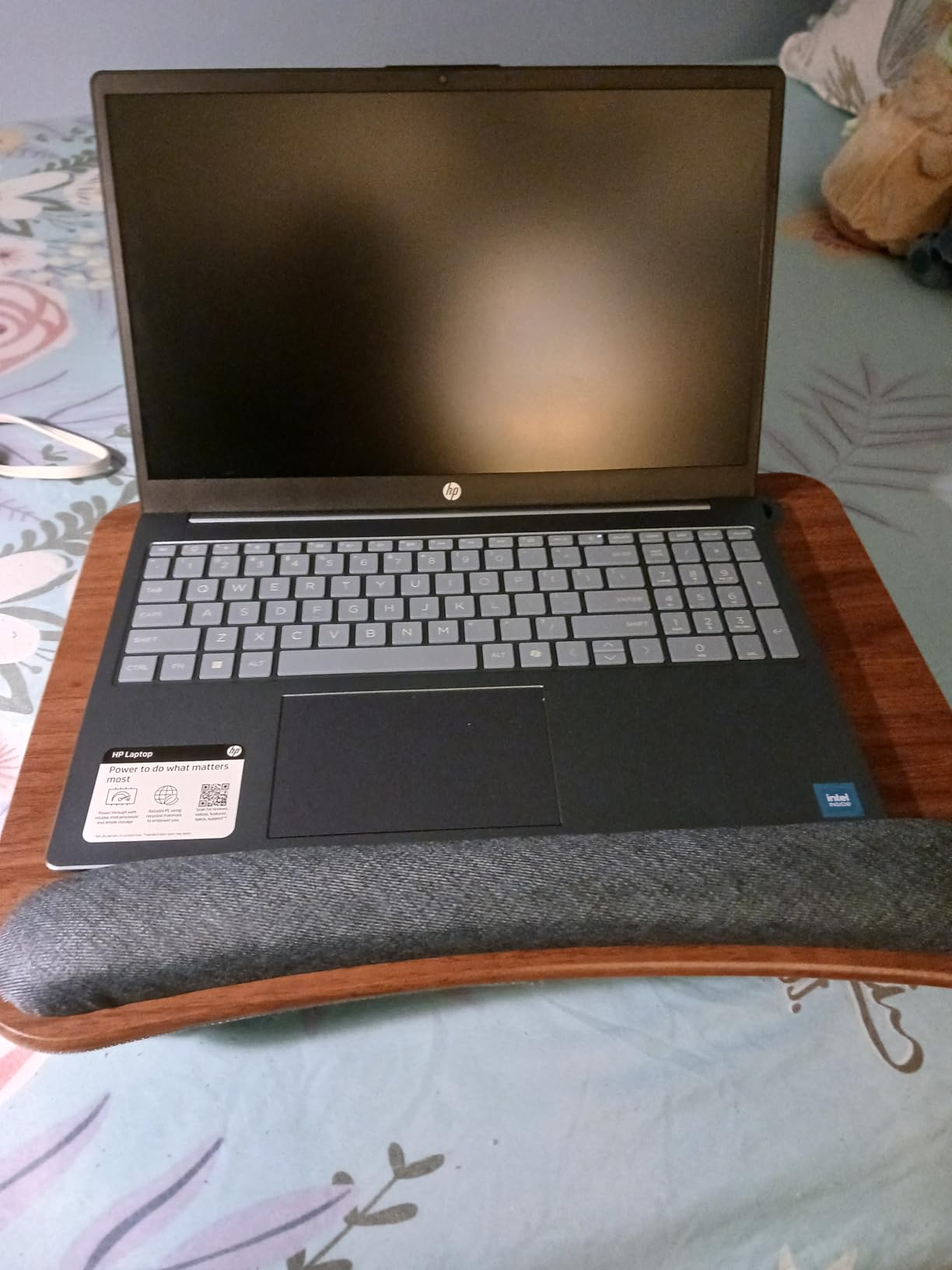 LAPGEAR Portable Laptop Lap Desk with Pillow Cushion, Anti-Slip Strip, Tablet or Phone Storage Slot, Pen and Pencil Pocket, and Wrist Rest - Espresso Woodgrain - Fits 17.3