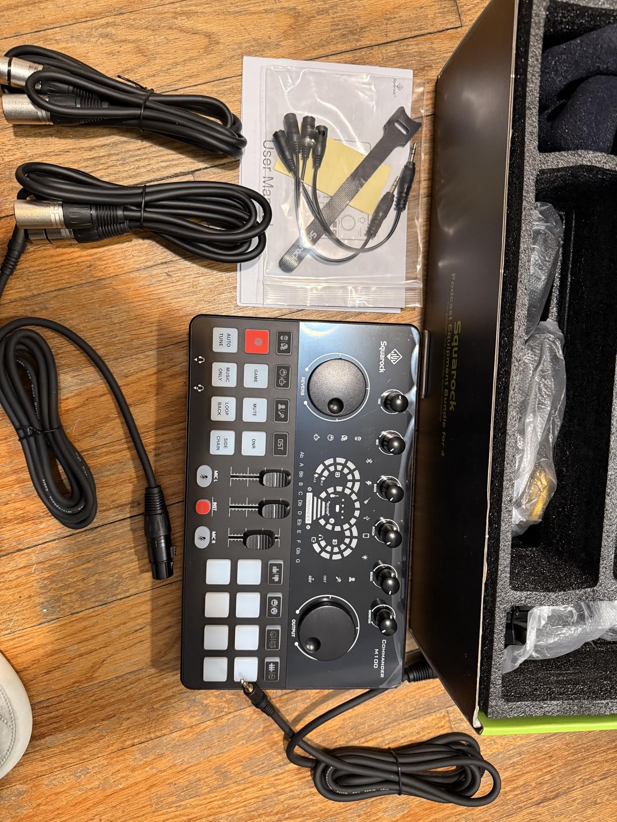 Podcast Equipment Bundle for 4, Audio Interface with 4 Dynamic Microphone, 4 Desktop Mic Stands, Voice Change, DJ Mixer for Vocal Recording Podcasting, Streaming, Singing TikTok, COMMANDER M100 3rd customer photo 1