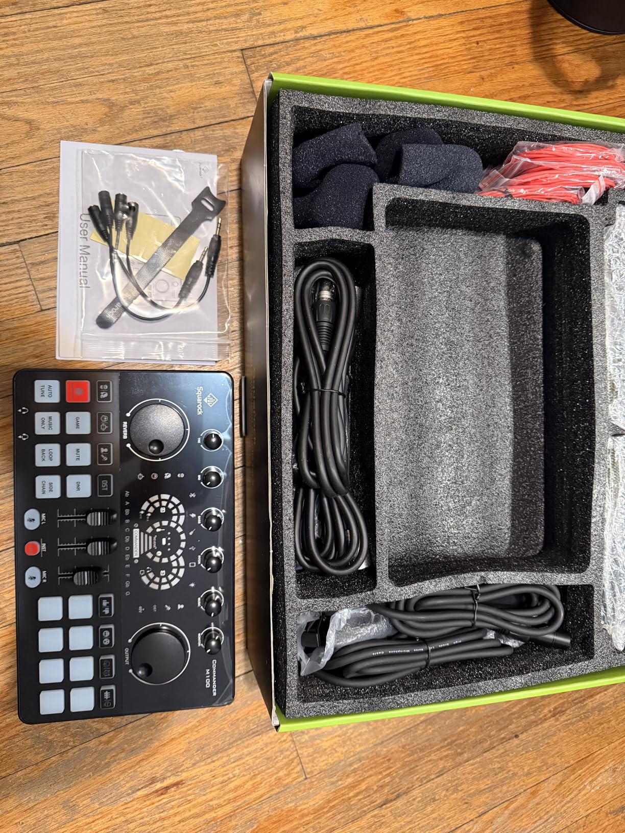 Podcast Equipment Bundle for 4, Audio Interface with 4 Dynamic Microphone, 4 Desktop Mic Stands, Voice Change, DJ Mixer for Vocal Recording Podcasting, Streaming, Singing TikTok, COMMANDER M100 3rd customer photo 2