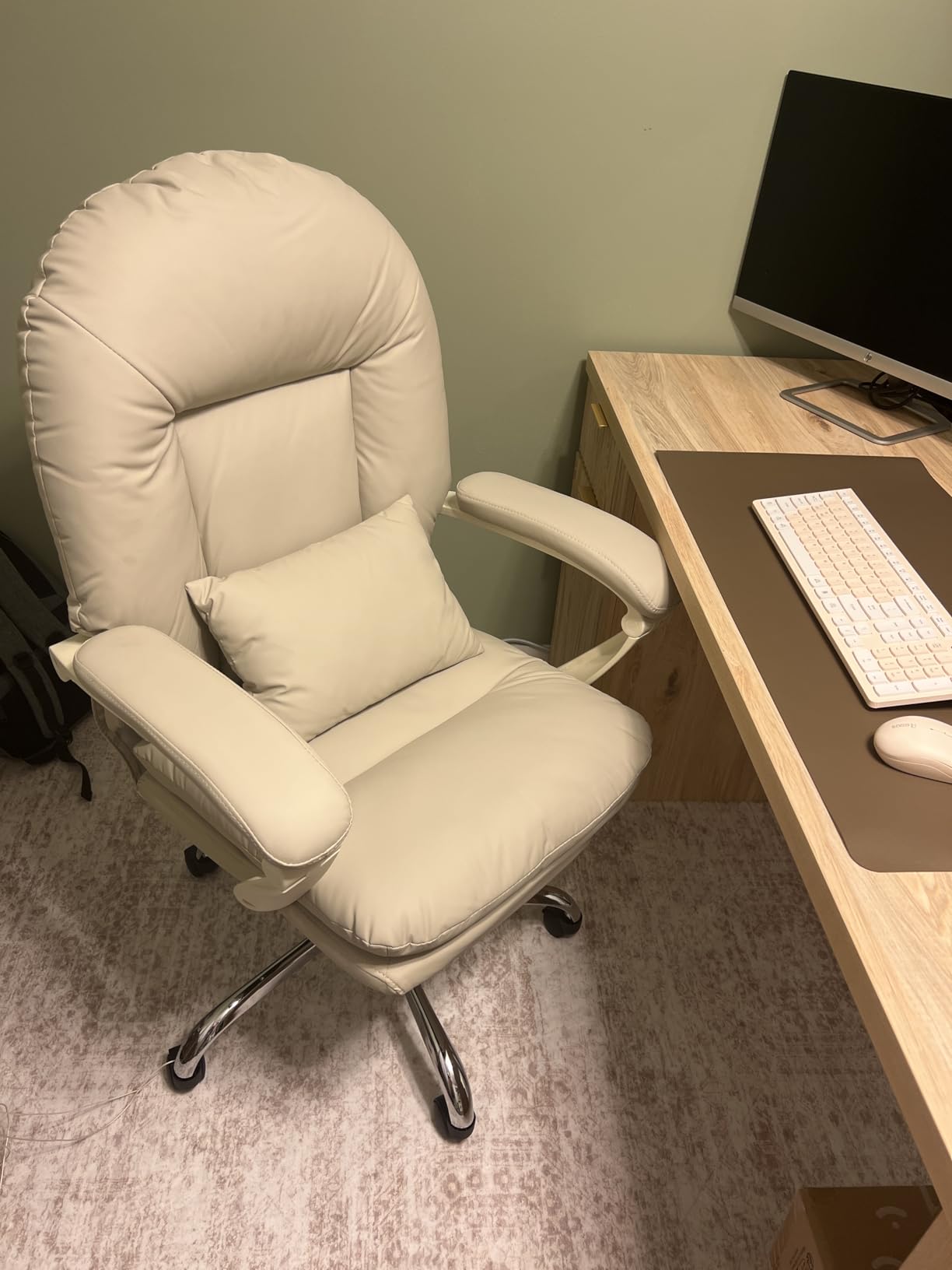 EMIAH Ergonomic Office Chair with Foot Rest Criss Cross Chair with Wheels Reclining Executive Office Chair Mid Back PU Leather Swivel Computer Chairs Lumbar Support for Home Office (Beige) customer photo 1