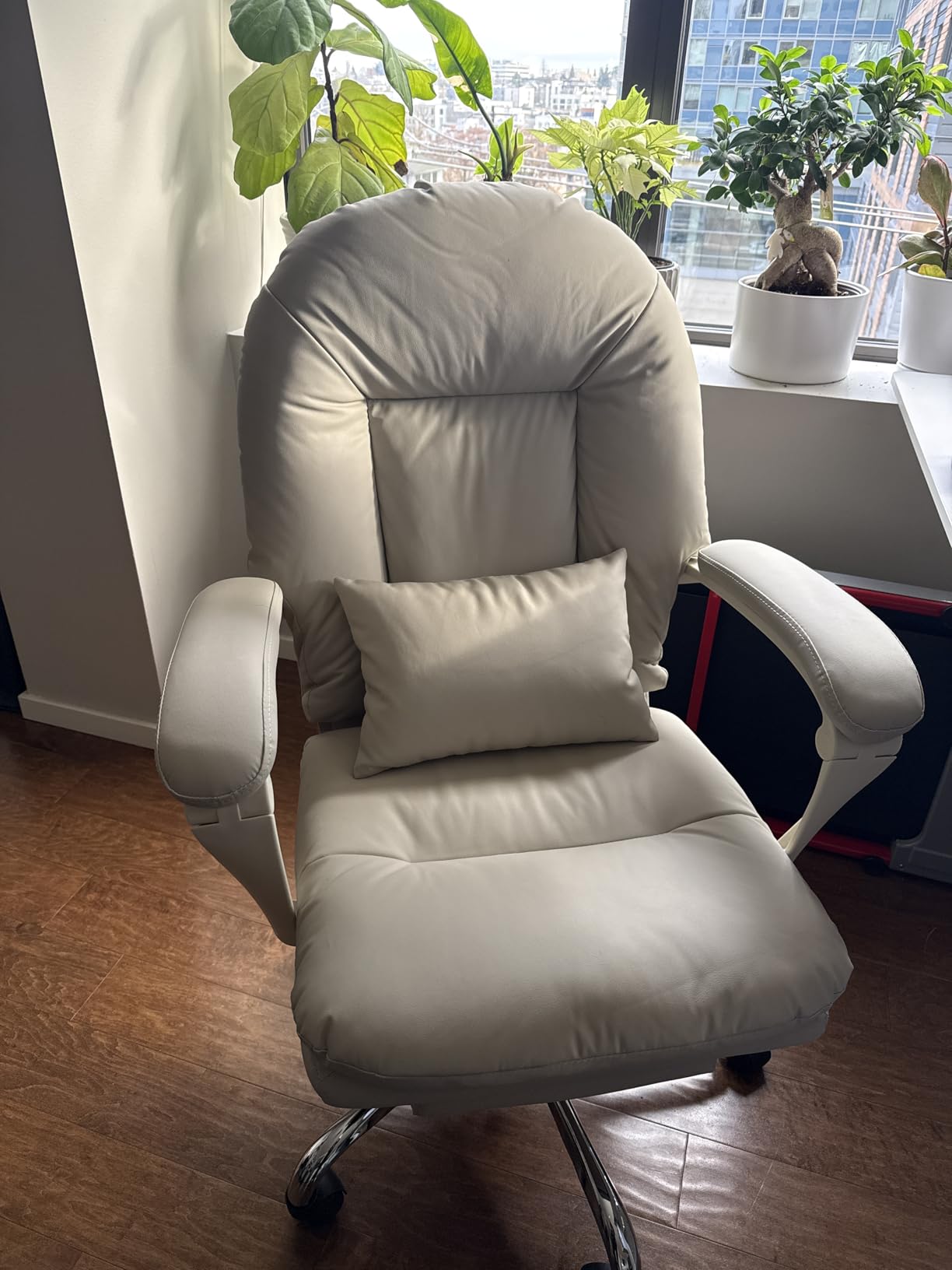 EMIAH Ergonomic Office Chair with Foot Rest Criss Cross Chair with Wheels Reclining Executive Office Chair Mid Back PU Leather Swivel Computer Chairs Lumbar Support for Home Office (Beige) customer photo 2