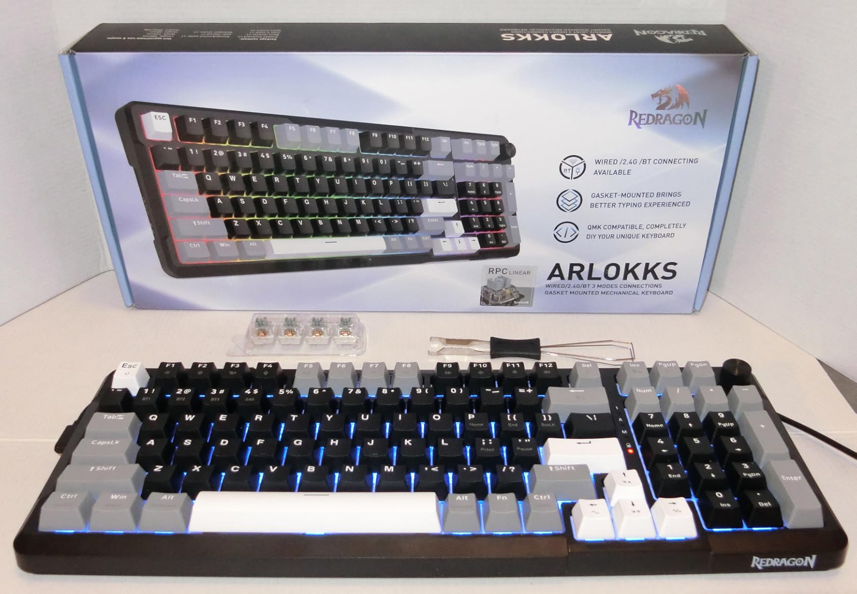 Redragon K742 Wireless Mechanical Gaming Keyboard with Knob, Bluetooth 5.0/2.4GHz/USB C Wired Creamy Keyboard with Number Pad for PC Computer, RGB Backlits, Hot-Swappable with Linear Switches (Black) customer photo 2