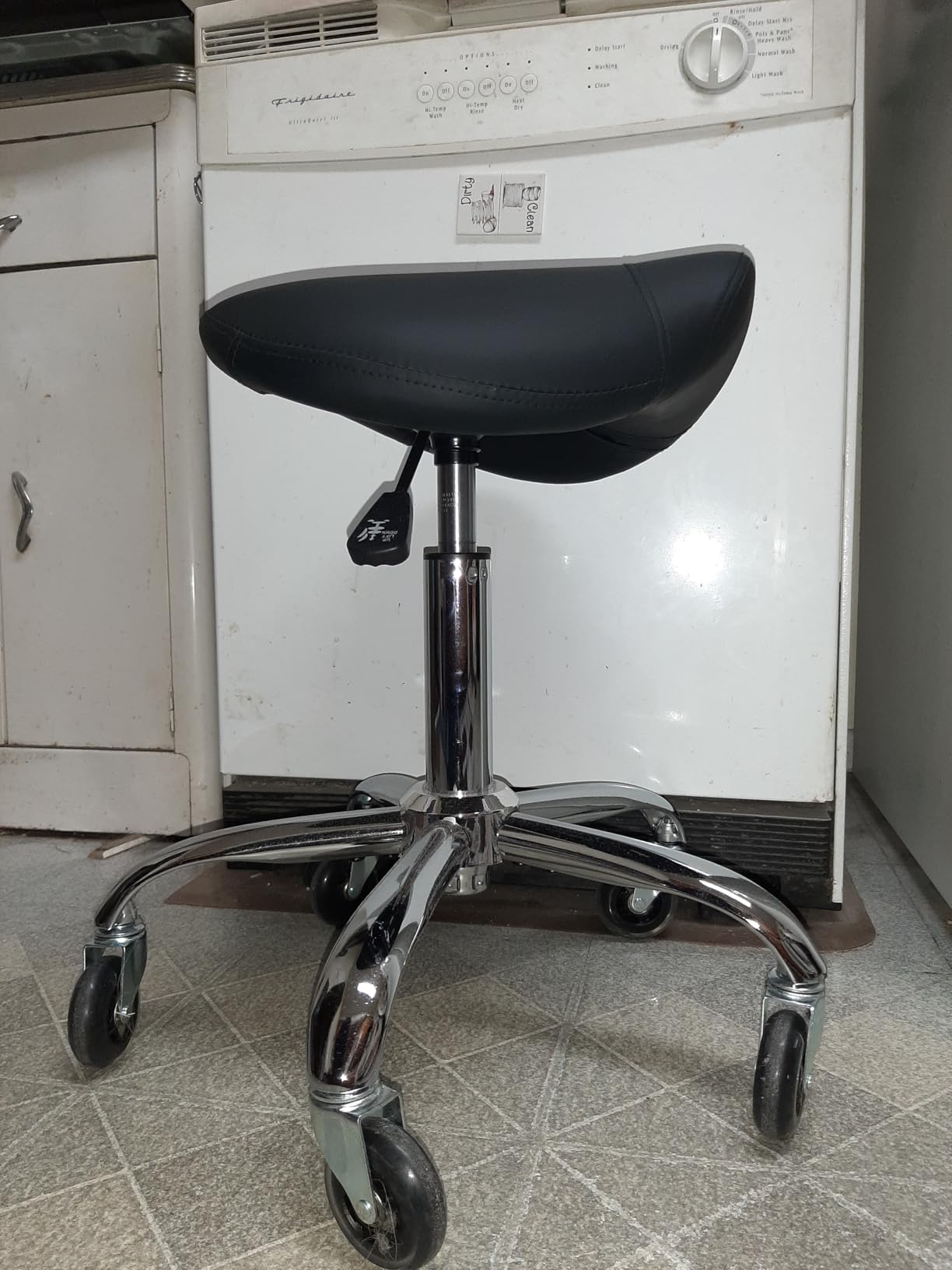 ANWBROAD Saddle Stool with Wheels Ergonomic Swivel Adjustable Rolling Stool with PU Leather Thick Wide Saddle Seat Padding Comfortable Rolling Saddle Chair for Salon Massage Clinic Black UWSS001B customer photo 1