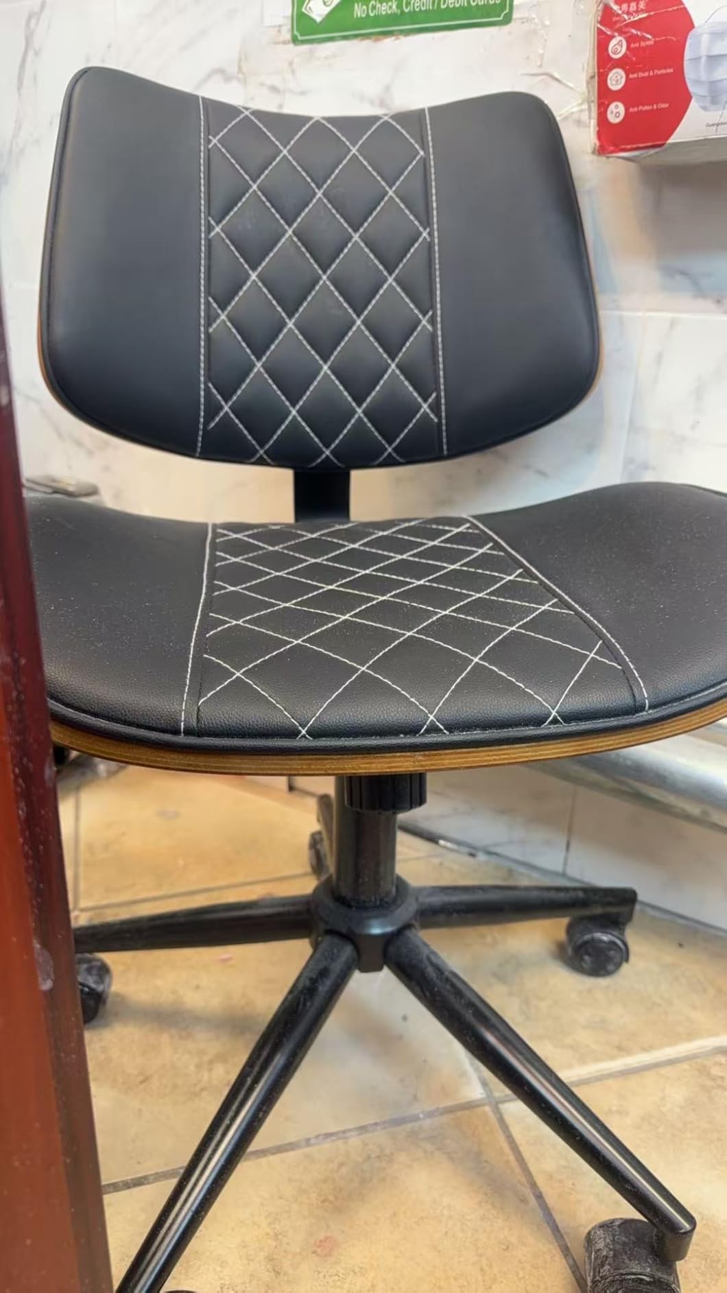 Home Office Chair No Arms with Wheels, Armless Adjustable Height Small Desk Chair, Armless PU Leather Computer Chair Mid Back 360 Swivel, Modern Walnut, Reading Meeting Room (Black) customer photo 1