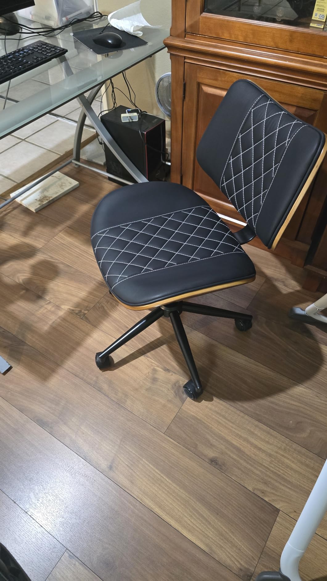 Home Office Chair No Arms with Wheels, Armless Adjustable Height Small Desk Chair, Armless PU Leather Computer Chair Mid Back 360 Swivel, Modern Walnut, Reading Meeting Room (Black) customer photo 2