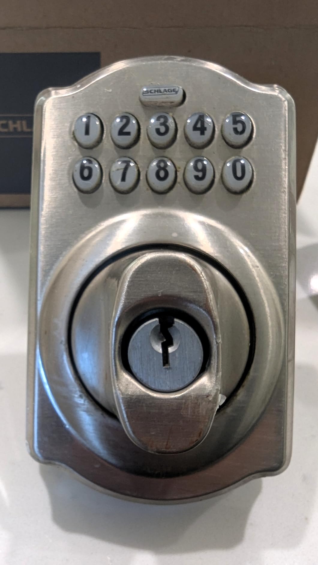 Schlage Camelot Electronic Keypad Deadbolt Lock, Keyless Front Door Entry, Mechanical Key Backup Included, Satin Nickel, BE365 V CAM 619 customer photo 2