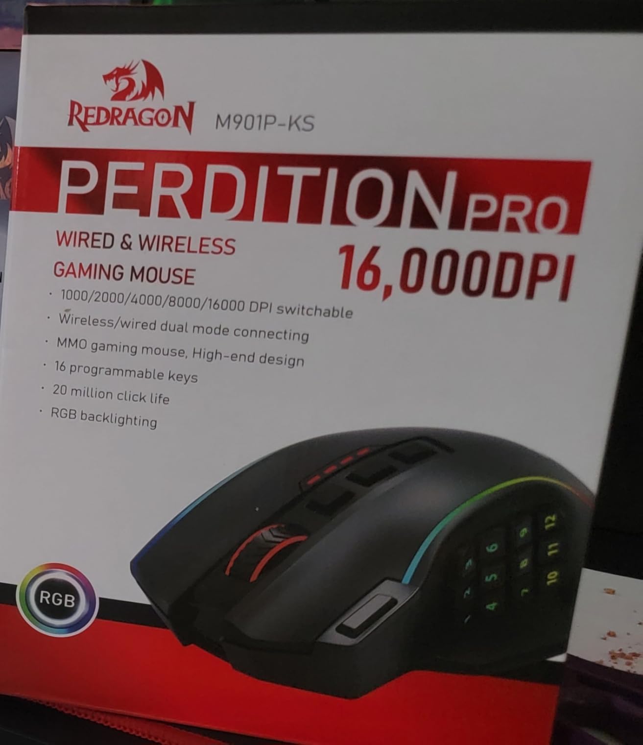 Redragon Wireless Gaming Mouse, MMO Gaming Mouse UP 16,000 DPI, 16 Macro Programmable Buttons, RGB Rechargeable with 12 Side Buttons, 70Hrs for PC Laptop MOBA FPS, M901P-KS customer photo 2