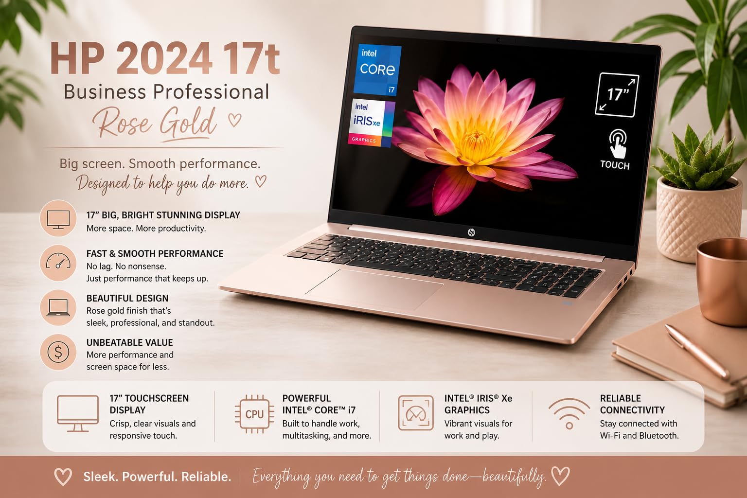 HP 2024 17t Business Professional Rose Gold Laptop, 17.3