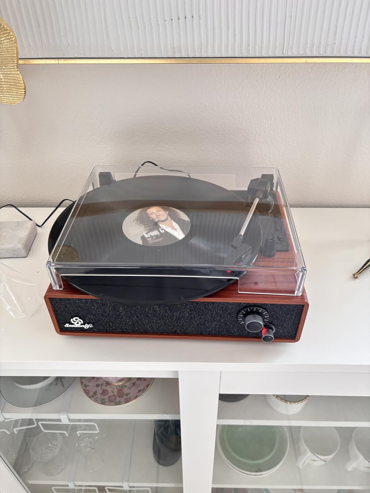 Record Player Built-in Stereo Speakers Vintage Turntable for Vinyl Records LP Phonograph Auto Stop Tone Adjustment Belt Drive 3 Speed 3 Size Support Wireless Input RCA Output Retro Wooden Walnut customer photo 1