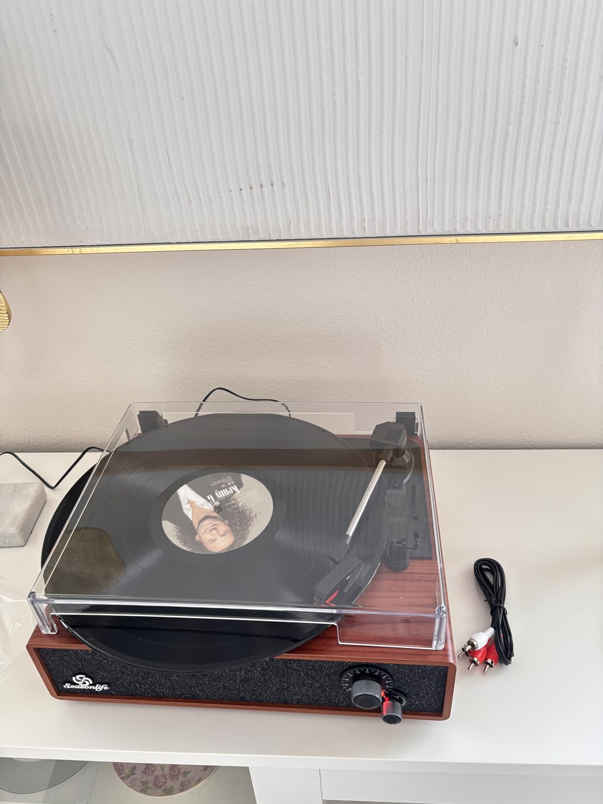Record Player Built-in Stereo Speakers Vintage Turntable for Vinyl Records LP Phonograph Auto Stop Tone Adjustment Belt Drive 3 Speed 3 Size Support Wireless Input RCA Output Retro Wooden Walnut customer photo 2