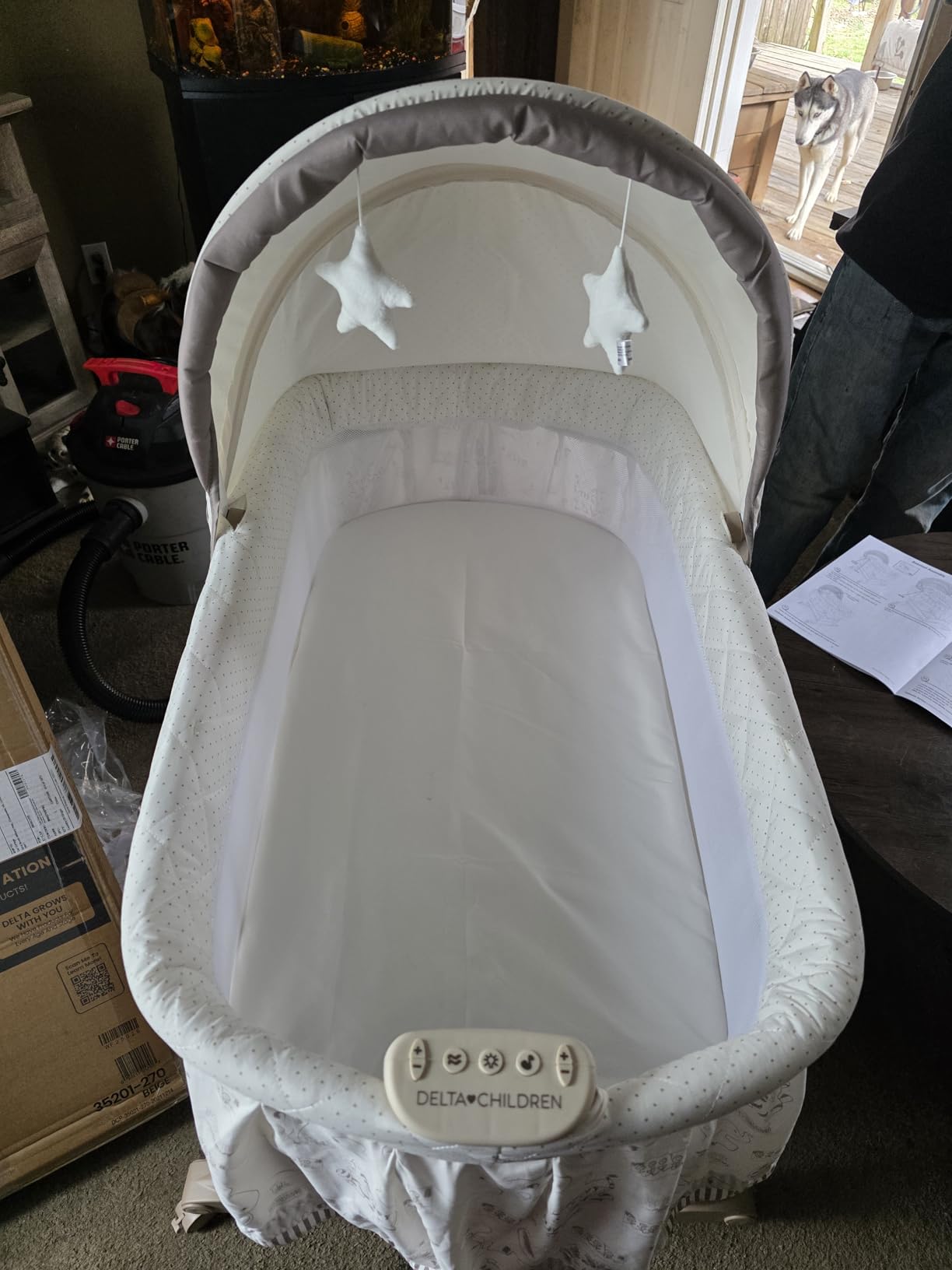 Delta Children Portable Rocking Bassinet for Newborns Bedside Sleeper Crib with Gentle Vibrations, Nightlight, Soothing Music, Adjustable Canopy, Plush Toys, Storage Basket, Baby Essentials customer photo 1