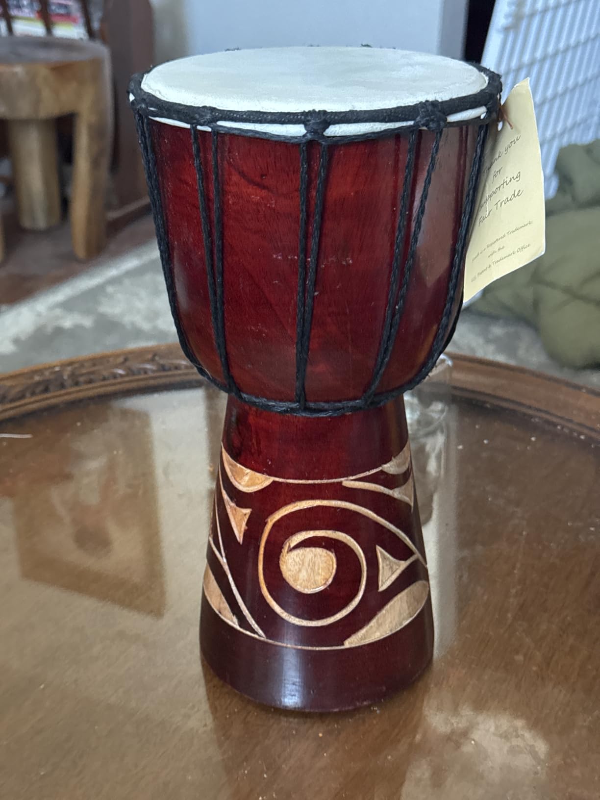 Djembe Drum - Hand Carved African Drum, Bongo Congo Style - Solid Mahogany with Goatskin Head, Tribal Painted Design - 12