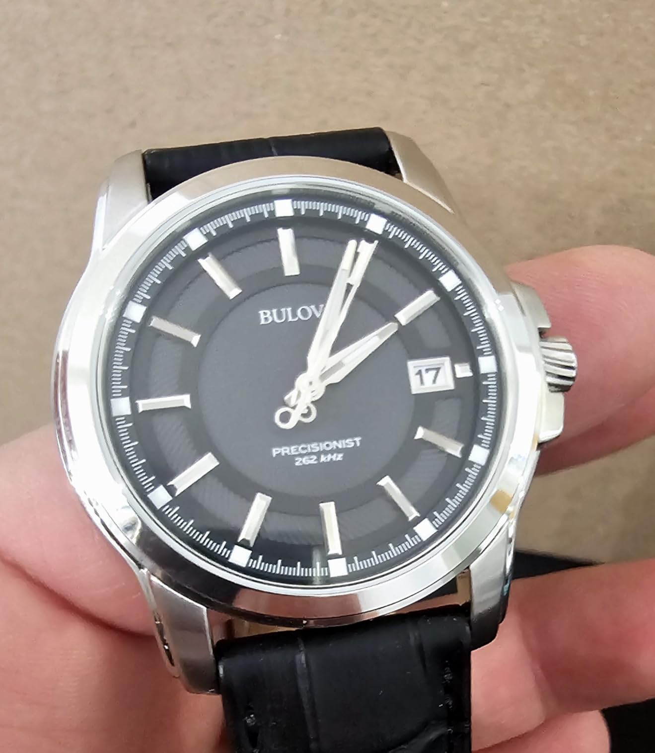 Men's Precisionist 3-Hand Calendar in Stainless Steel with Black Leather Strap and Black Patterned Dial Style: 96B158 customer photo 2