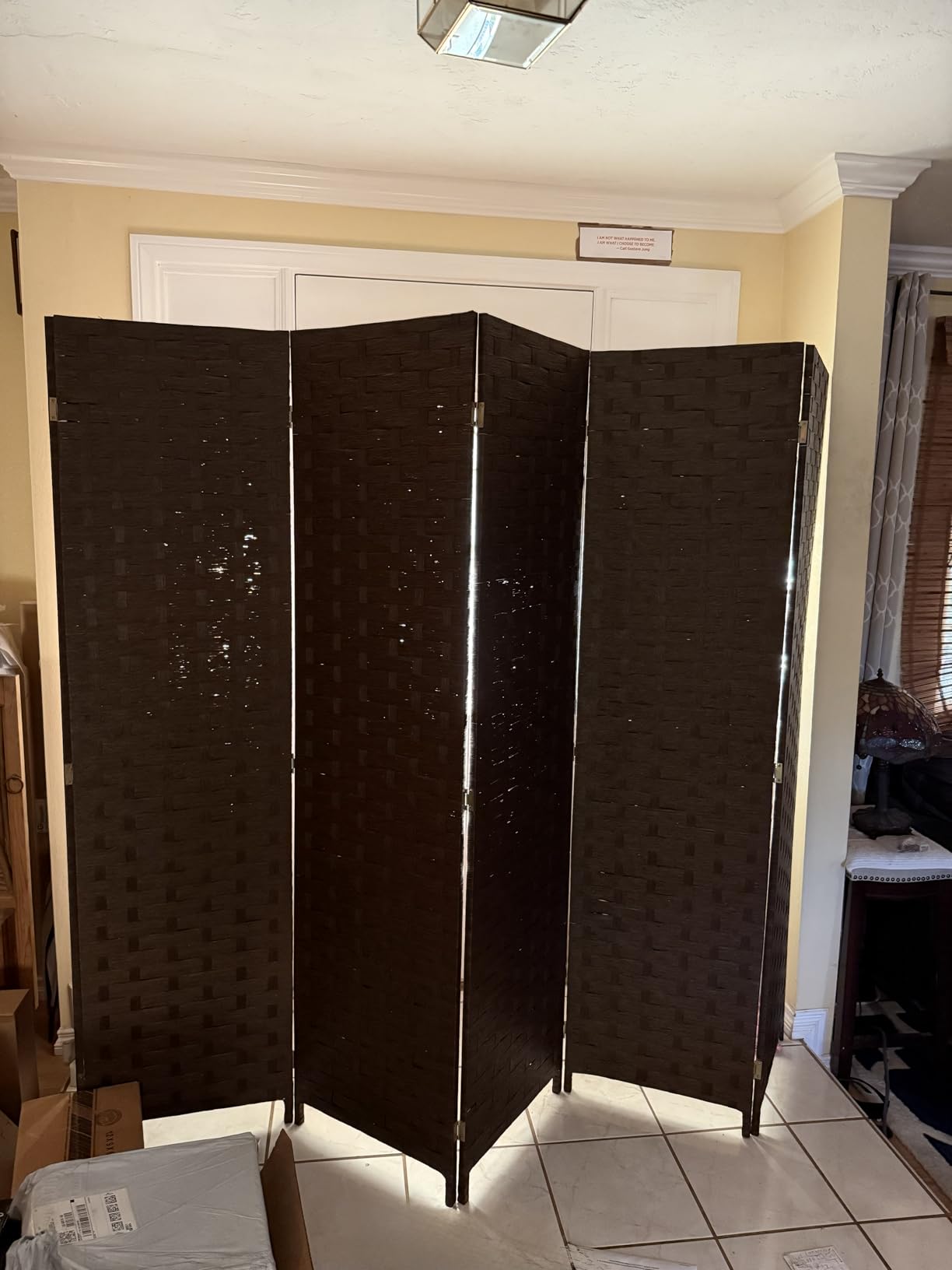 FDW Room Divider 6FT Wall Divider Wood Screen 4 Panels Wood Mesh Hand-Woven Design Room Screen Divider Indoor Folding Portable Partition Screen, Black customer photo 1