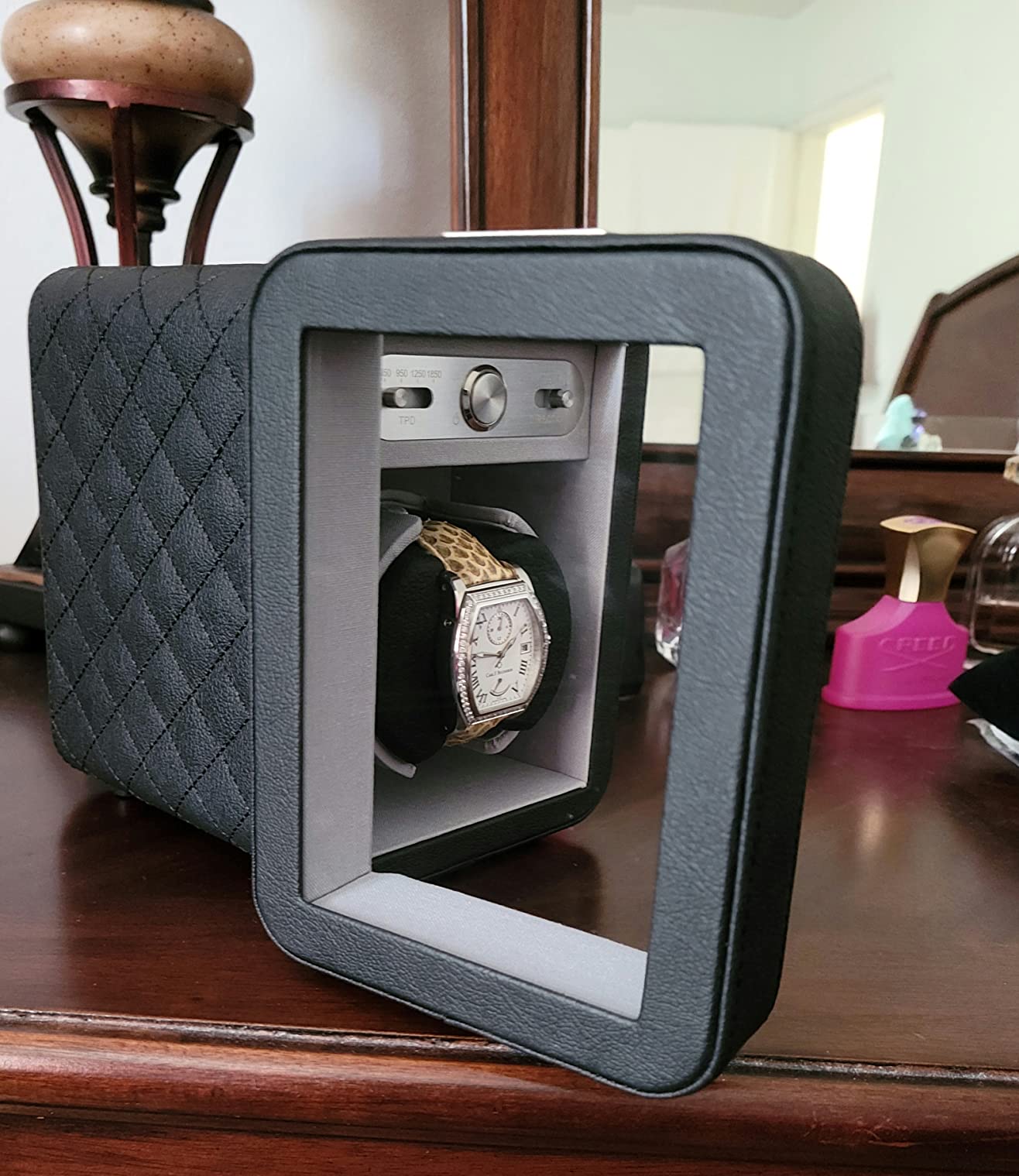 Heiden Monaco Watch Winder - Automatic Watch Winder for Automatic Watches, Rolex - Black Leather - Battery Powered or AC Adapter, 12 Program Settings, Diamond Stitched Vegan Leather customer photo 1