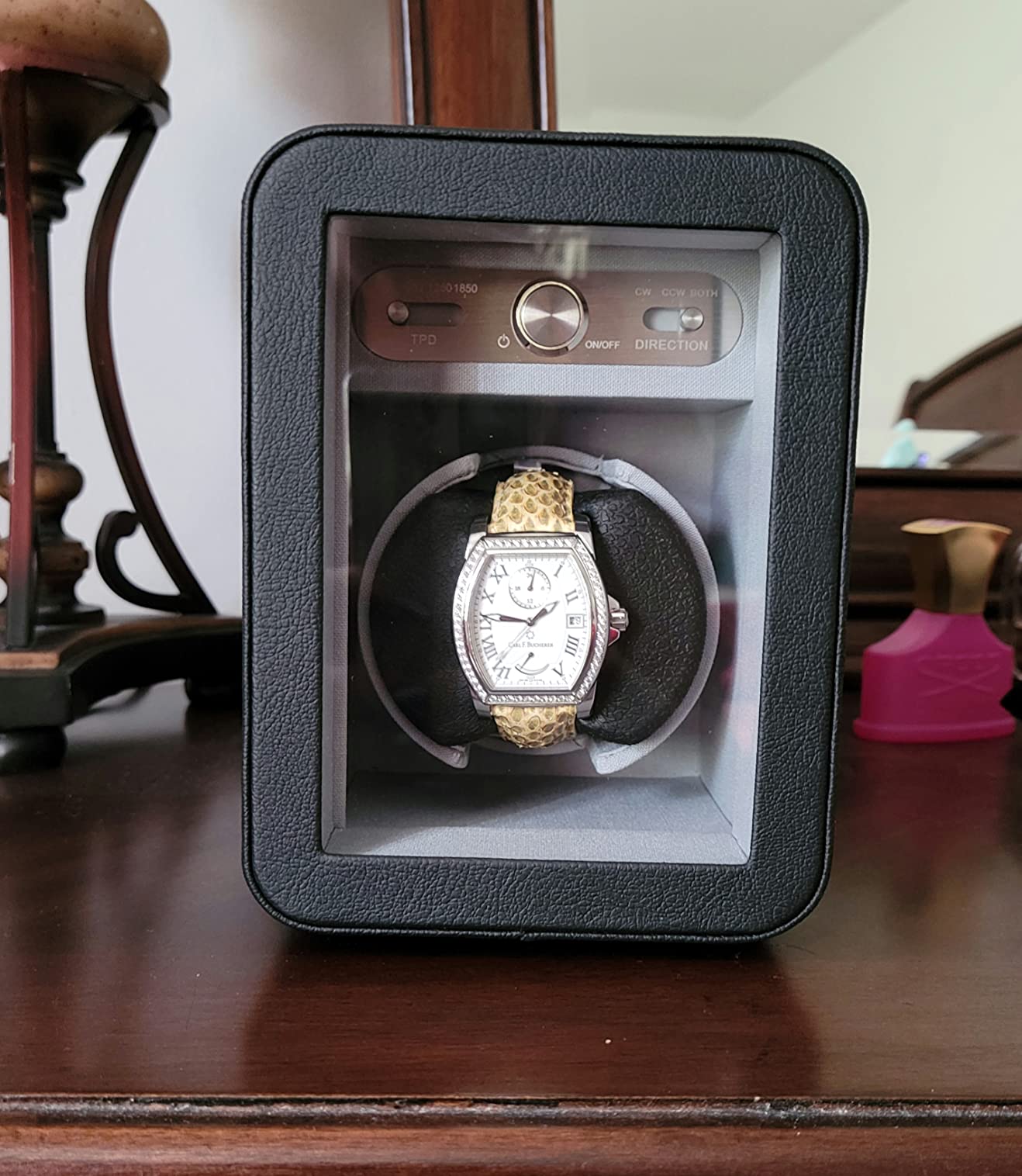 Heiden Monaco Watch Winder - Automatic Watch Winder for Automatic Watches, Rolex - Black Leather - Battery Powered or AC Adapter, 12 Program Settings, Diamond Stitched Vegan Leather customer photo 2