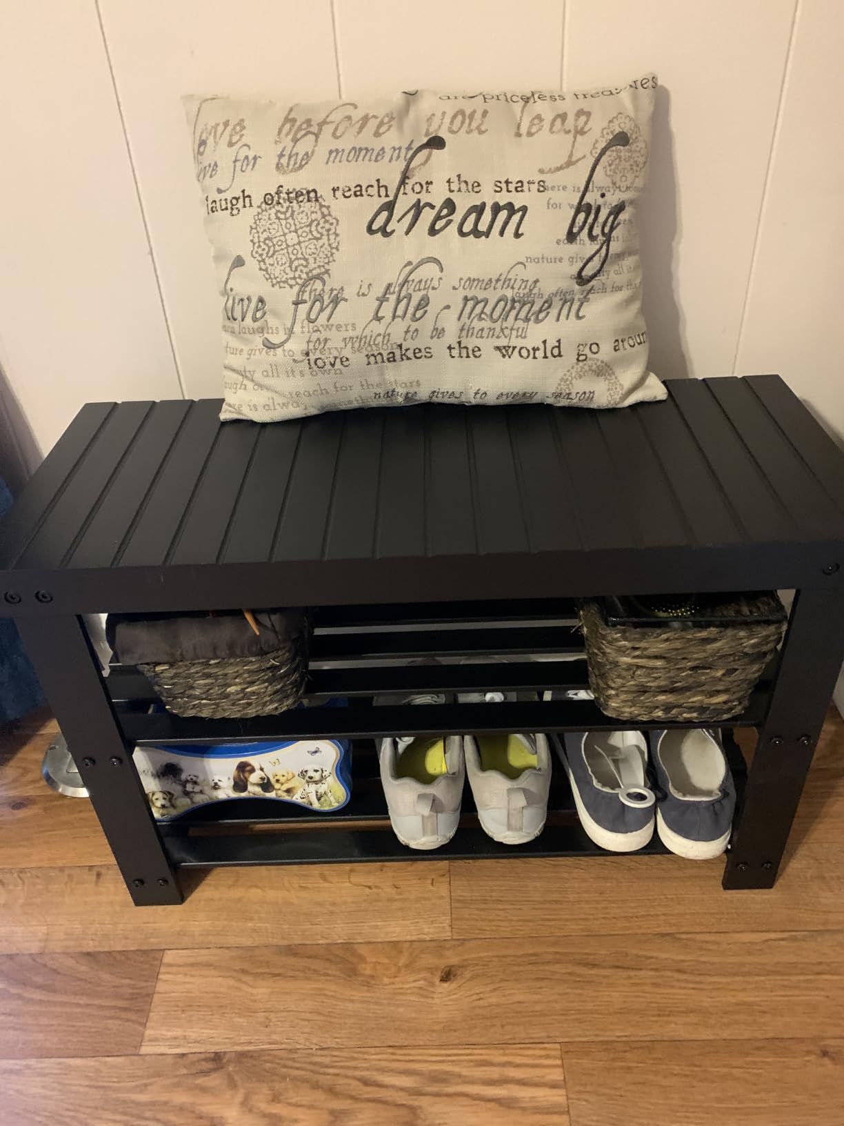 SONGMICS Shoe Rack Bench, 3-Tier Bamboo Shoe Storage Organizer, Entryway Bench, Holds Up to 286 lb, 11.3 x 27.6 x 17.8 Inches, for Entryway Bathroom Bedroom, Ink Black ULBS04H customer photo 2