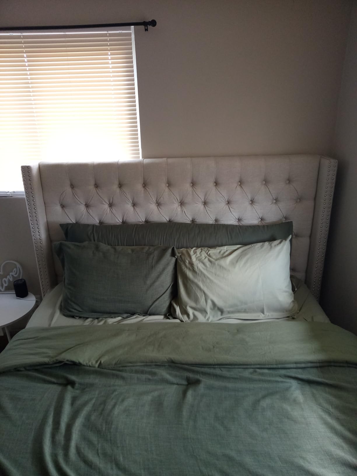 Madison Park Amelia Upholstered Headboard | Nail Head Trim Wingback Button Tufted | King, Cream customer photo 1