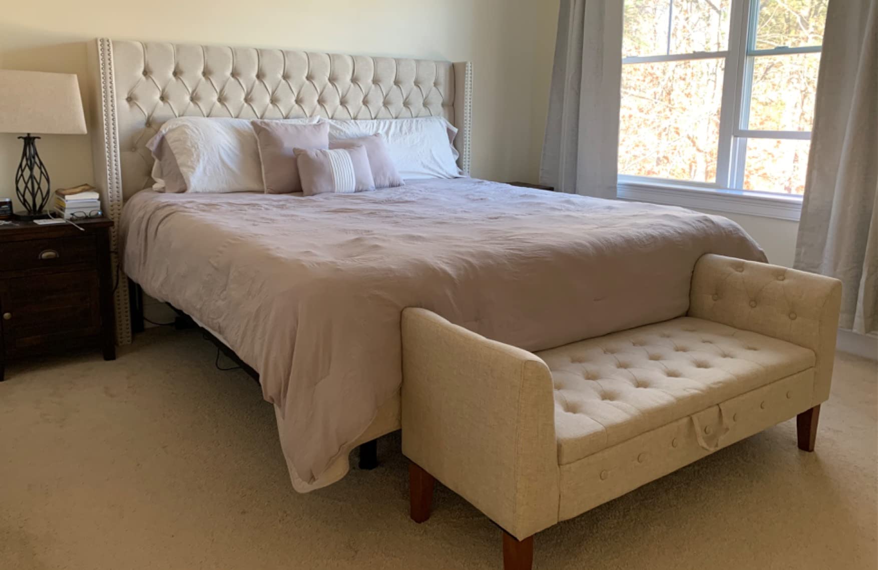 Madison Park Amelia Upholstered Headboard | Nail Head Trim Wingback Button Tufted | King, Cream customer photo 2