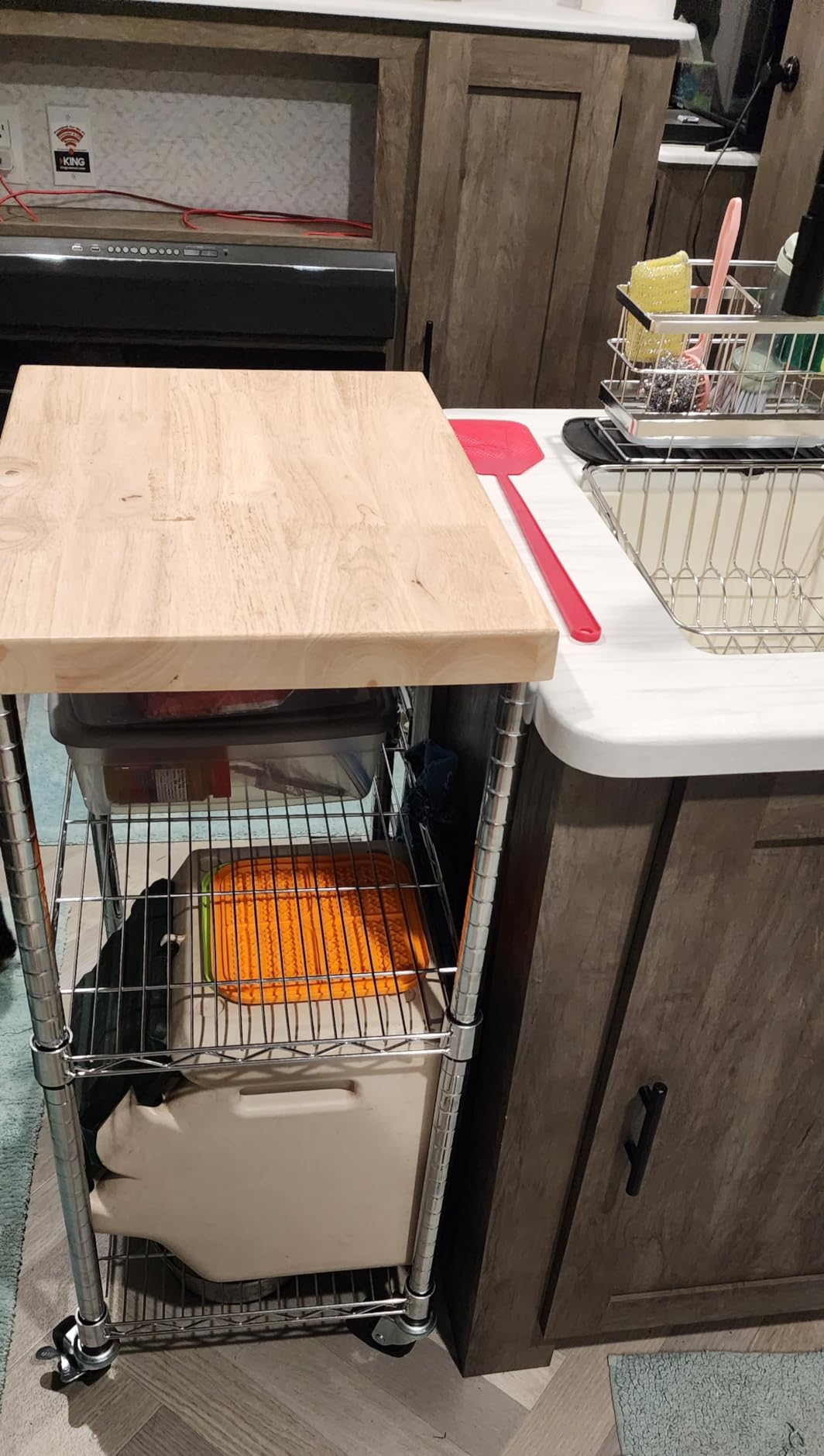 Amazon Basics Portable Kitchen 3-Tier Storage Rack on Caster Wheels with Adjustable 2 Shelves, 175 Pound Capacity, 21 x 15 x 36.7 inches (LxWxH), Wood/Chrome customer photo 2