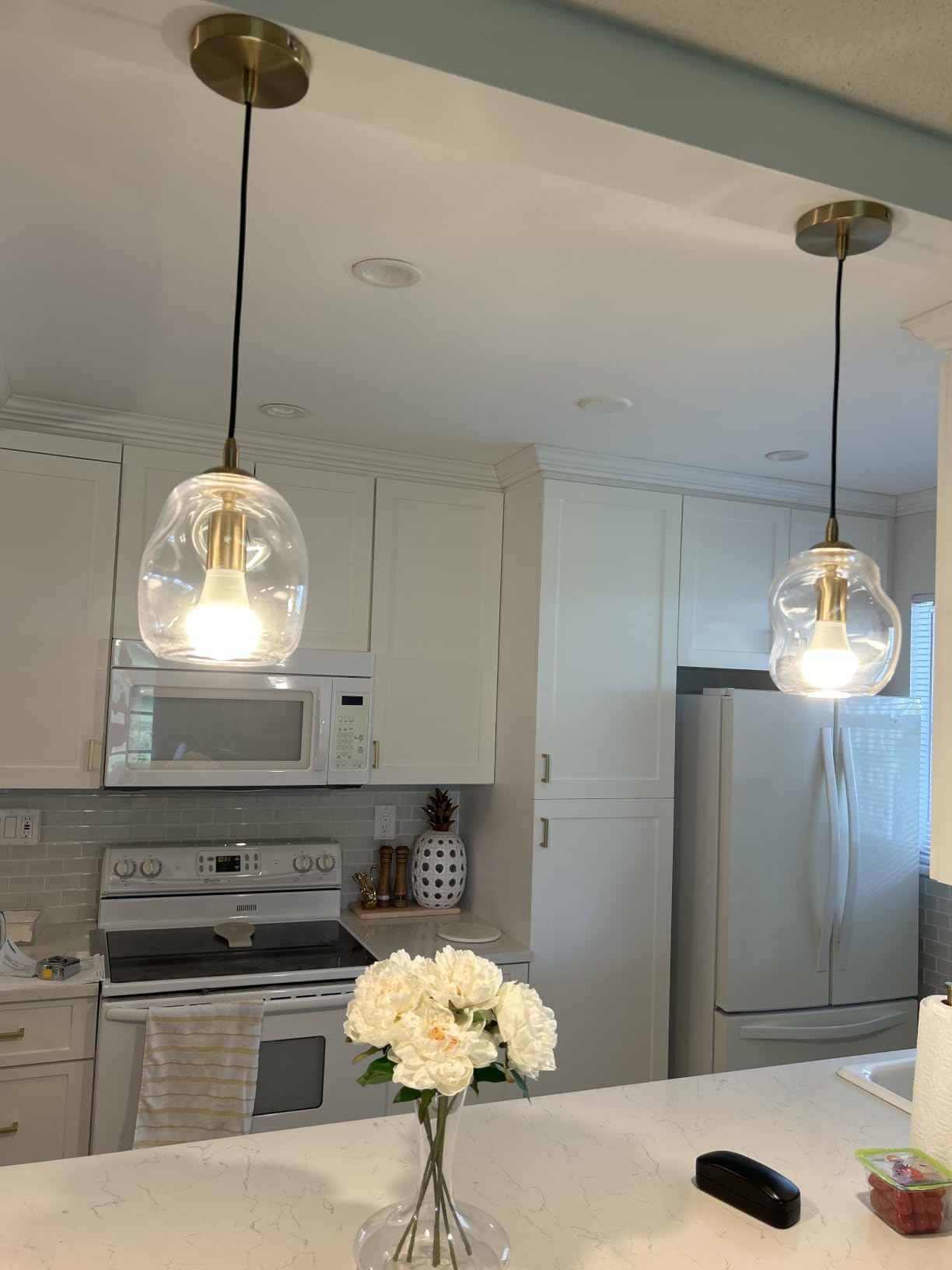 Glass Pendant Light, Brass Gold, Organic Globe 8 Inch H | Modern Minimalist Art Glass Clear Ceiling Hanging Fixtures Kitchen Island Sink Bar Counter Small Lamp customer photo 1