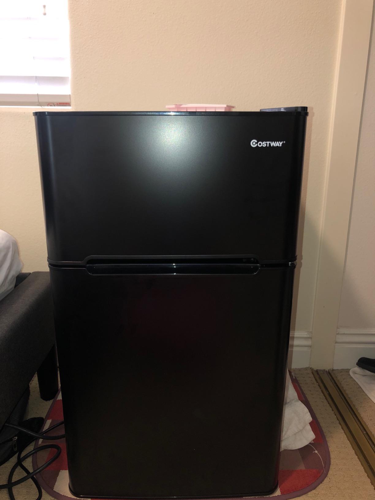 COSTWAY 3.2 Cu.ft. Mini Fridge with Freezer for Bedroom, Dorm, Office | Small Compact Refrigerator with Reversible 2-Door, Adjustable Temperature, LED Lights, Removable Glass Shelves, Black customer photo 1