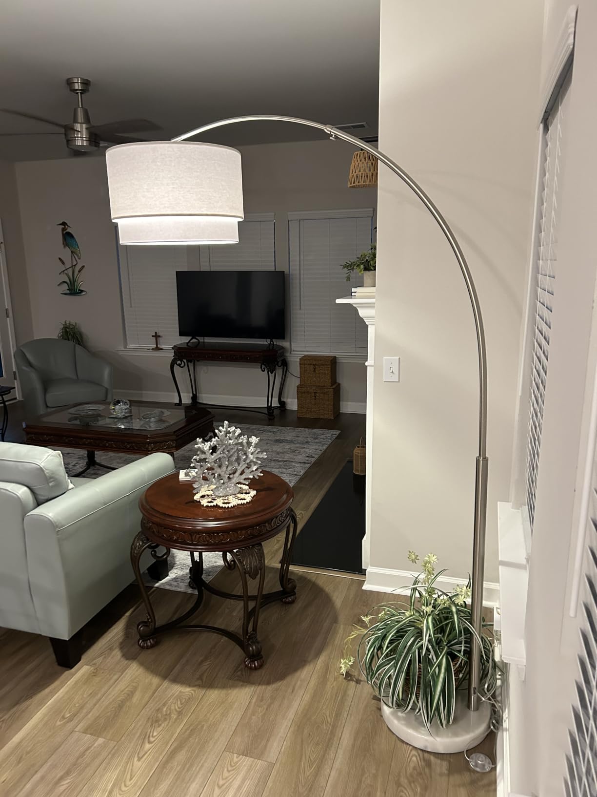 Brightech Mason Arc Floor Lamp - Modern Corner Standing Lamp with Unique Hanging Drum Lamp Shade for Living Room - Bright Overhead, Curved Hanging Light for Bedroom. Library, Den - Bronze customer photo 2