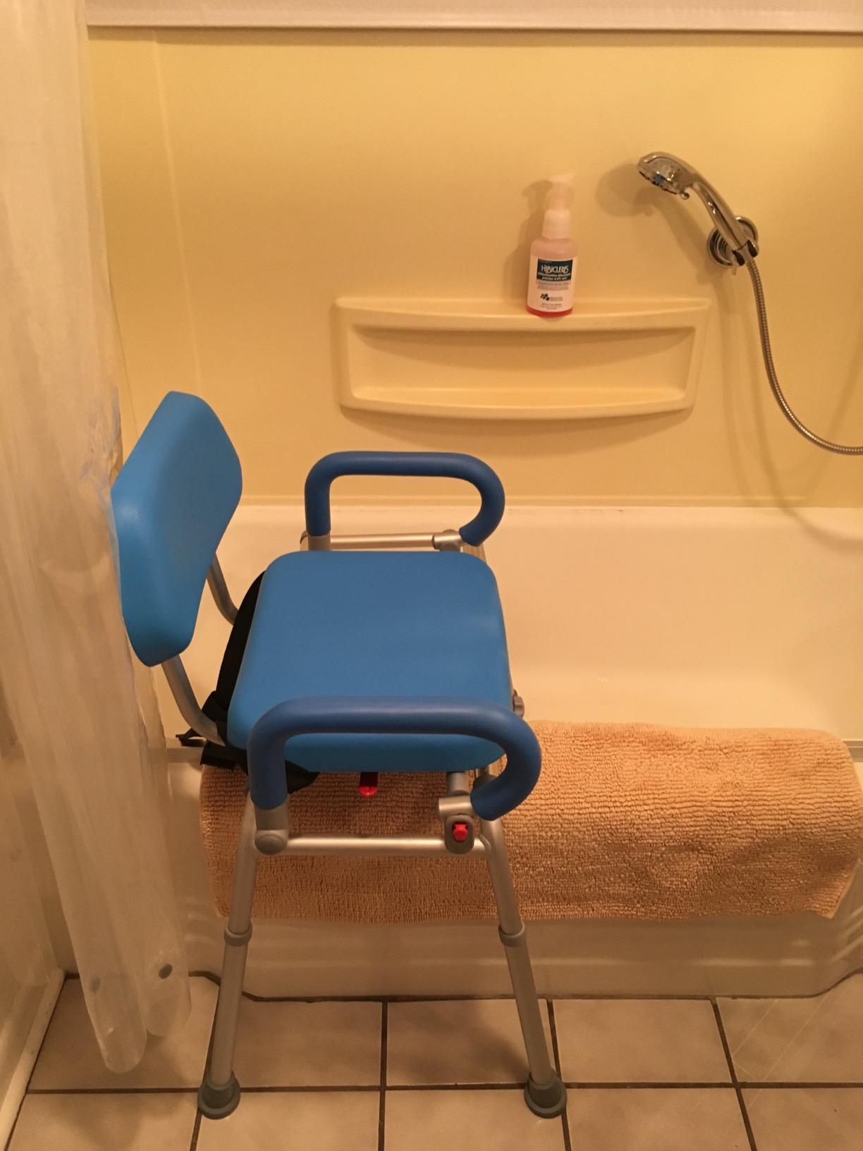 Carousel Sliding Shower Chair Tub Transfer Bench with Swivel Seat Elderly | Slide Safely In & Out of the Tub - Gray, padded seat, padded armrests, swivel seat, backrest, portable, tool-free assembly customer photo 2