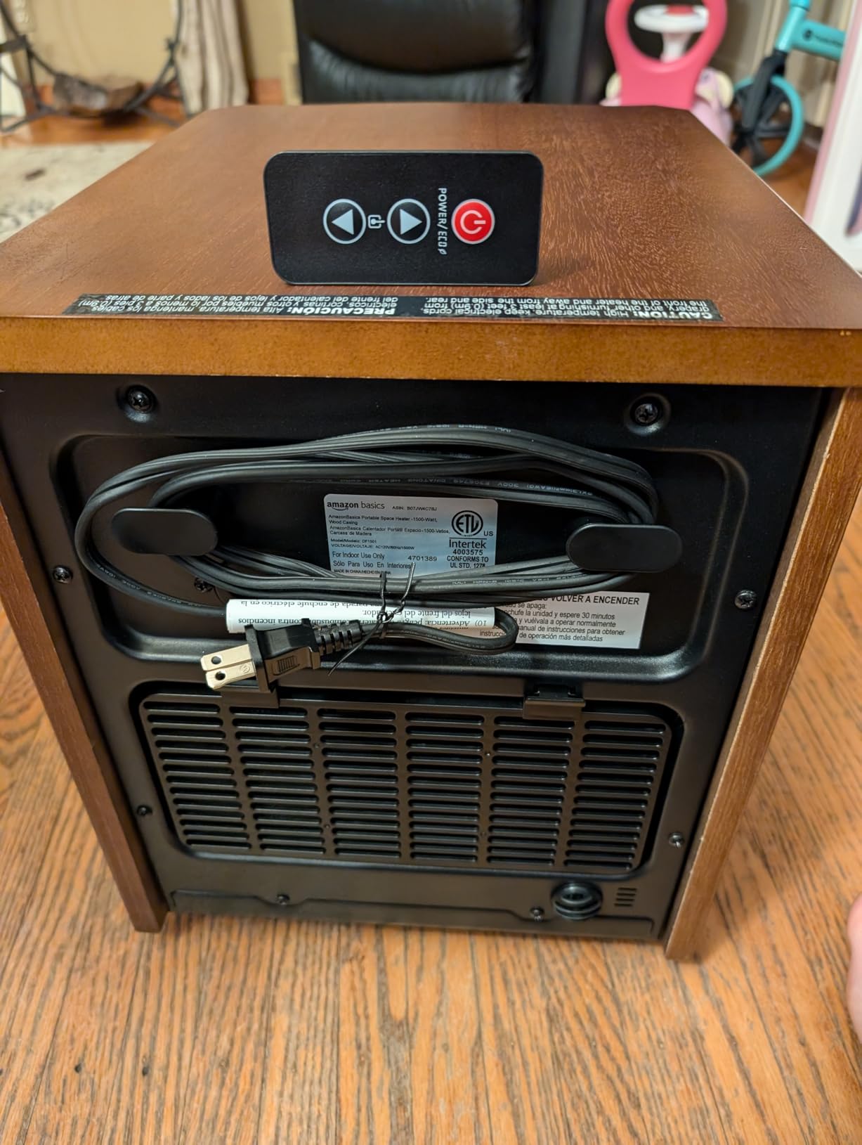 Amazon Basics Portable Space Heater with Remote Control, Adjustable Thermostat, Indoor Use, Energy-Saving Setting, LED Display, Classic Wood Casing, 1500W, Brown customer photo 2