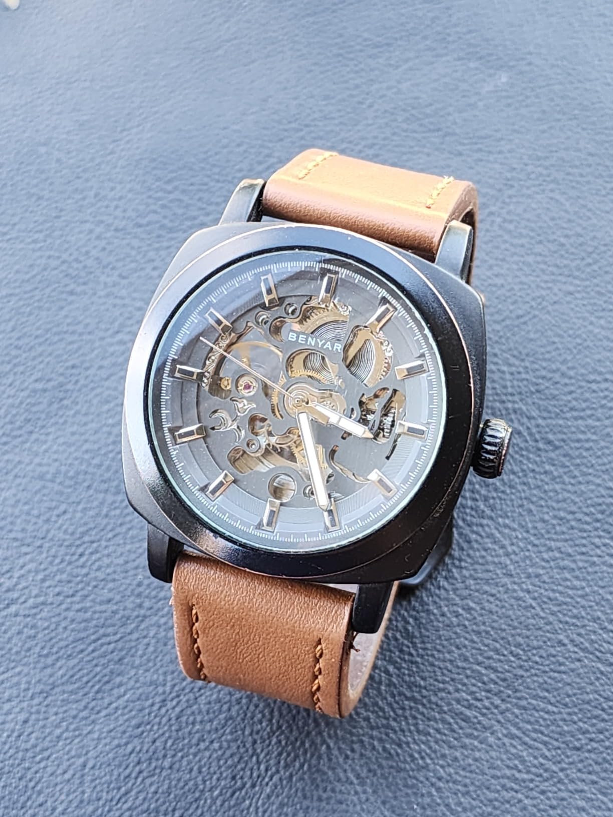 BENYAR Men's Mechanical Automatic Watch | Leather Strap | Gold Movement | 45mm Skeleton Dial | Water Resistant and Scratch Resistant Stylish Gift customer photo 2