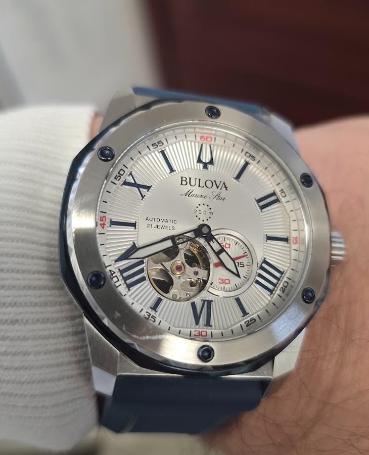 Bulova Men's Marine Star 'Series A' Automatic Stainless Steel Case with Blue Textured Silicone Strap, Open Aperture, Silver White Dial (98A225) customer photo 1