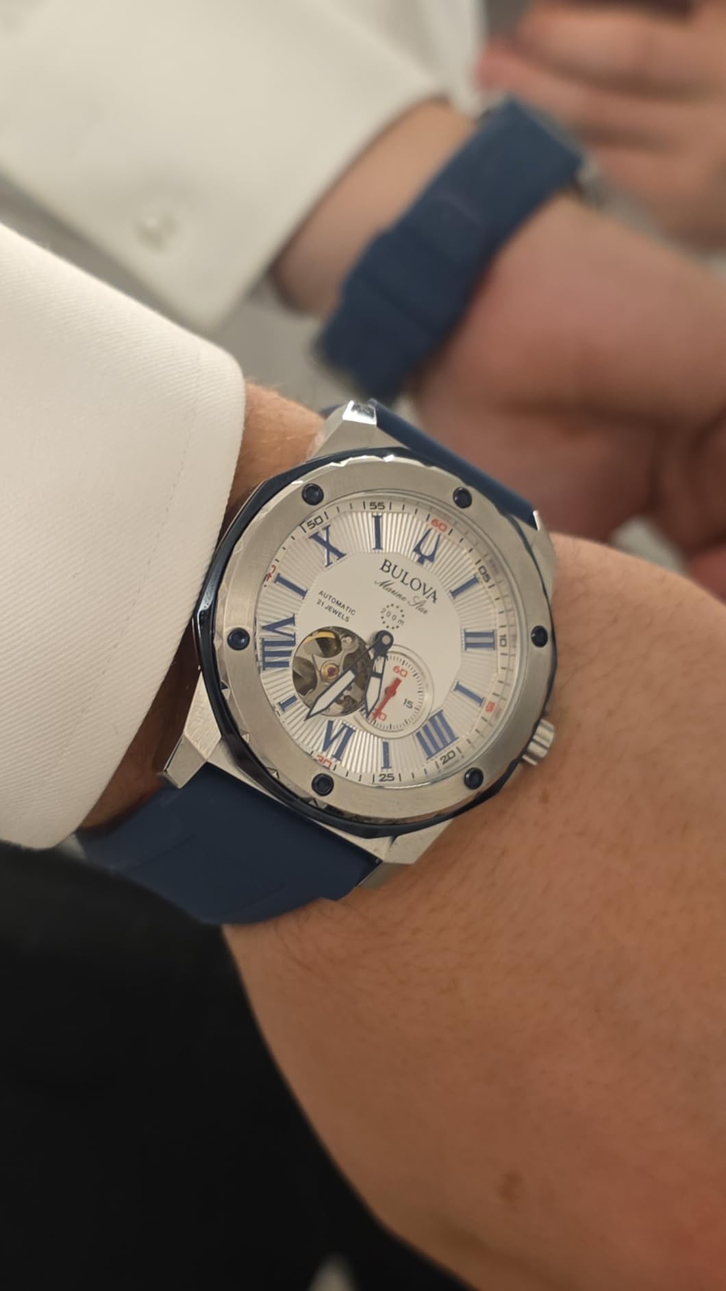 Bulova Men's Marine Star 'Series A' Automatic Stainless Steel Case with Blue Textured Silicone Strap, Open Aperture, Silver White Dial (98A225) customer photo 2