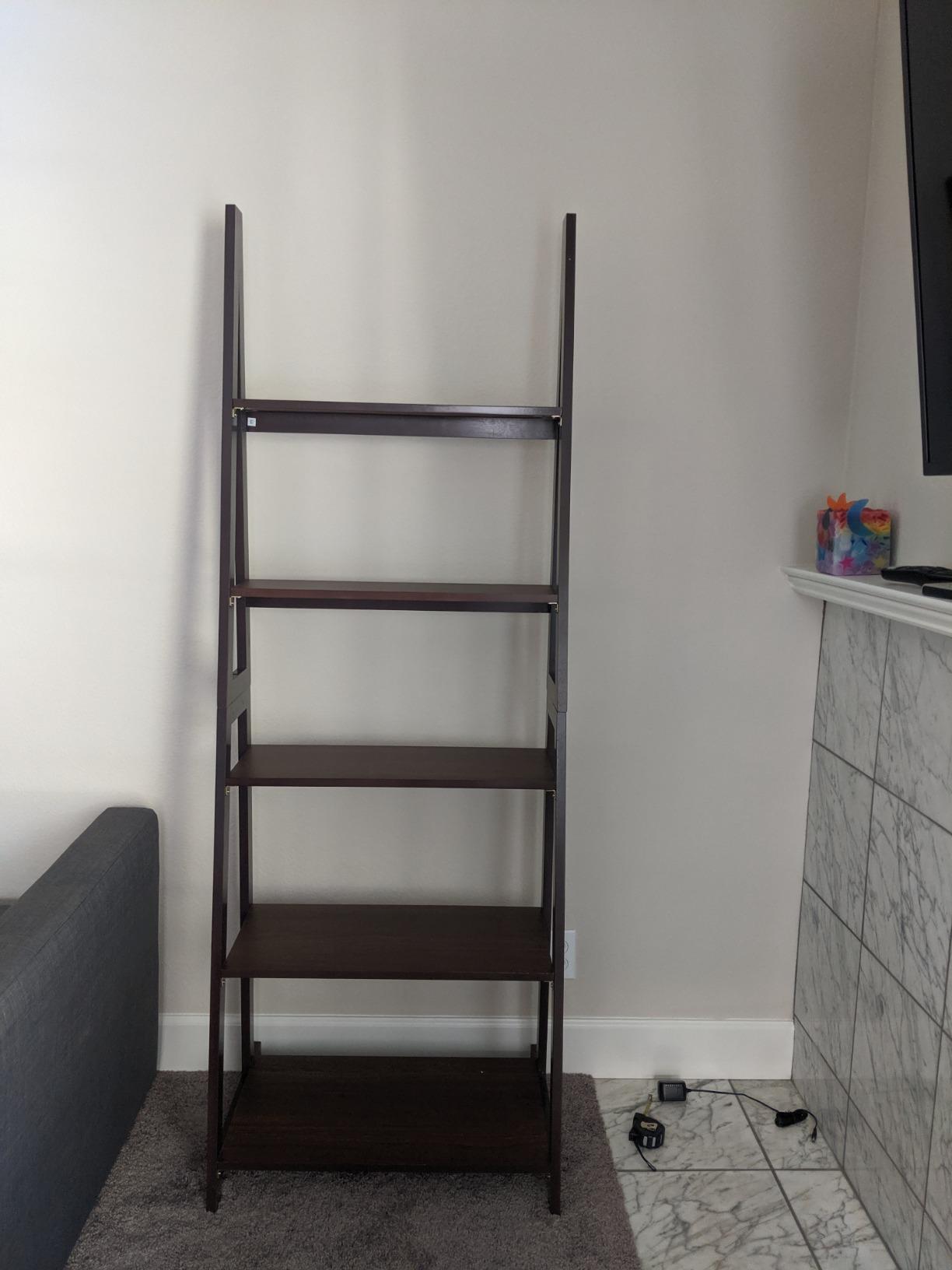 Amazon Basics 5-Tier Ladder Bookshelf Storage Organizer, Solid Rubberwood Frame, Space-Saving Bookcase, Sturdy Shelves, Walnut Finish, 14