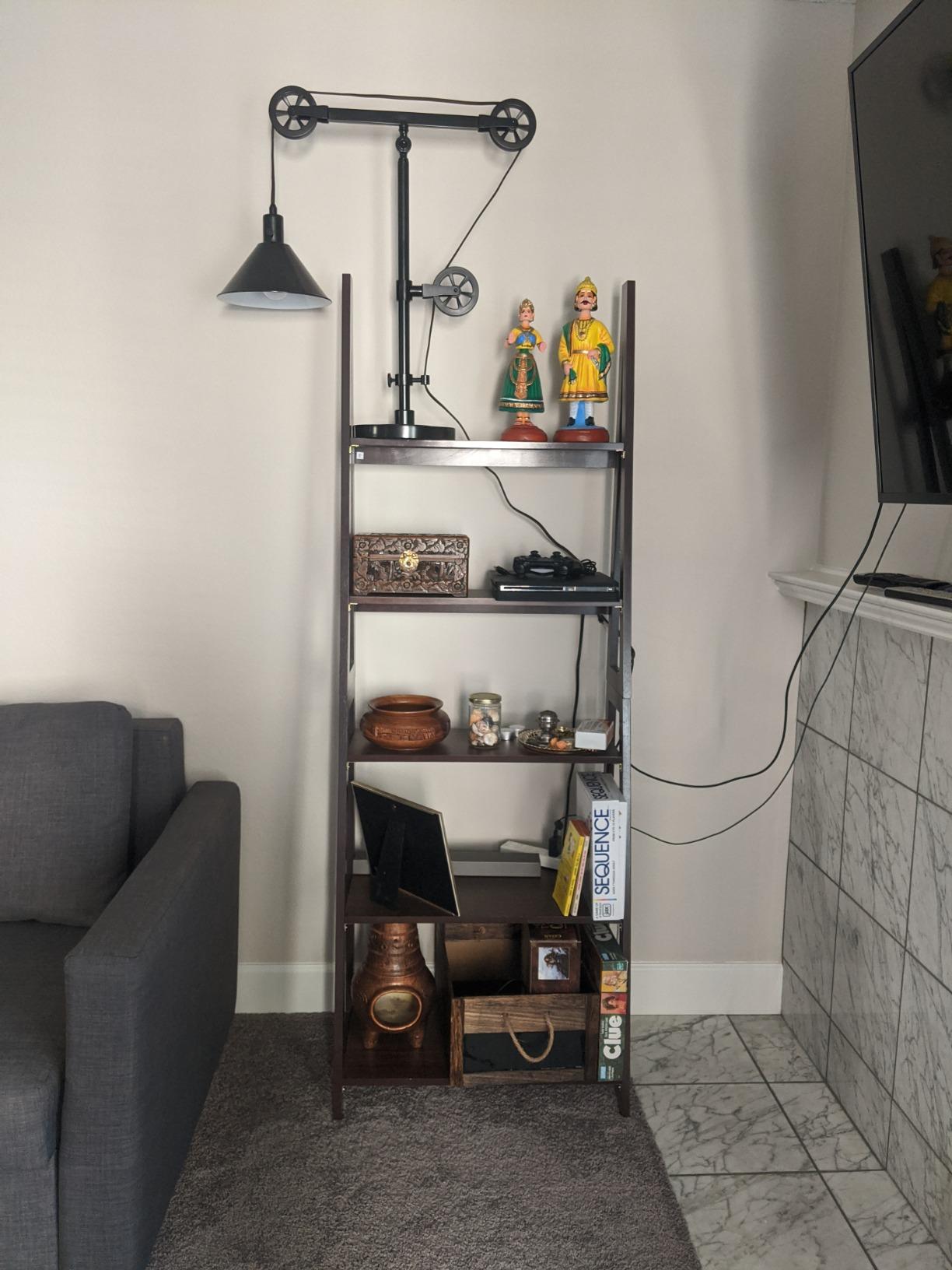 Amazon Basics 5-Tier Ladder Bookshelf Storage Organizer, Solid Rubberwood Frame, Space-Saving Bookcase, Sturdy Shelves, Walnut Finish, 14