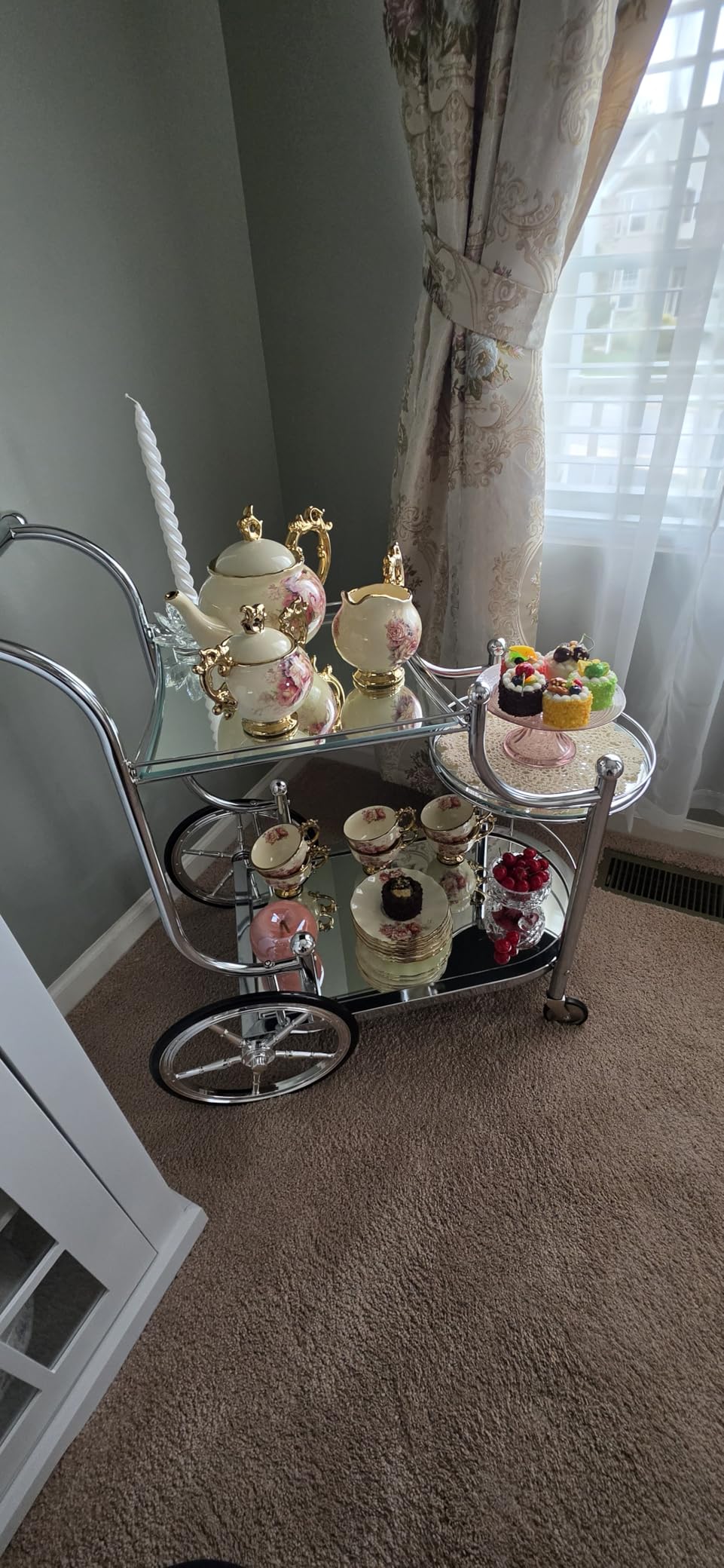 Tangkula Bar Cart, 3-Tier Rolling Home Bar Serving Cart with Mirrored Shelves & 4 Wheels, Mobile Beverage & Wine Cart for Kitchen, Dining Room, Living Room (Silver) customer photo 1