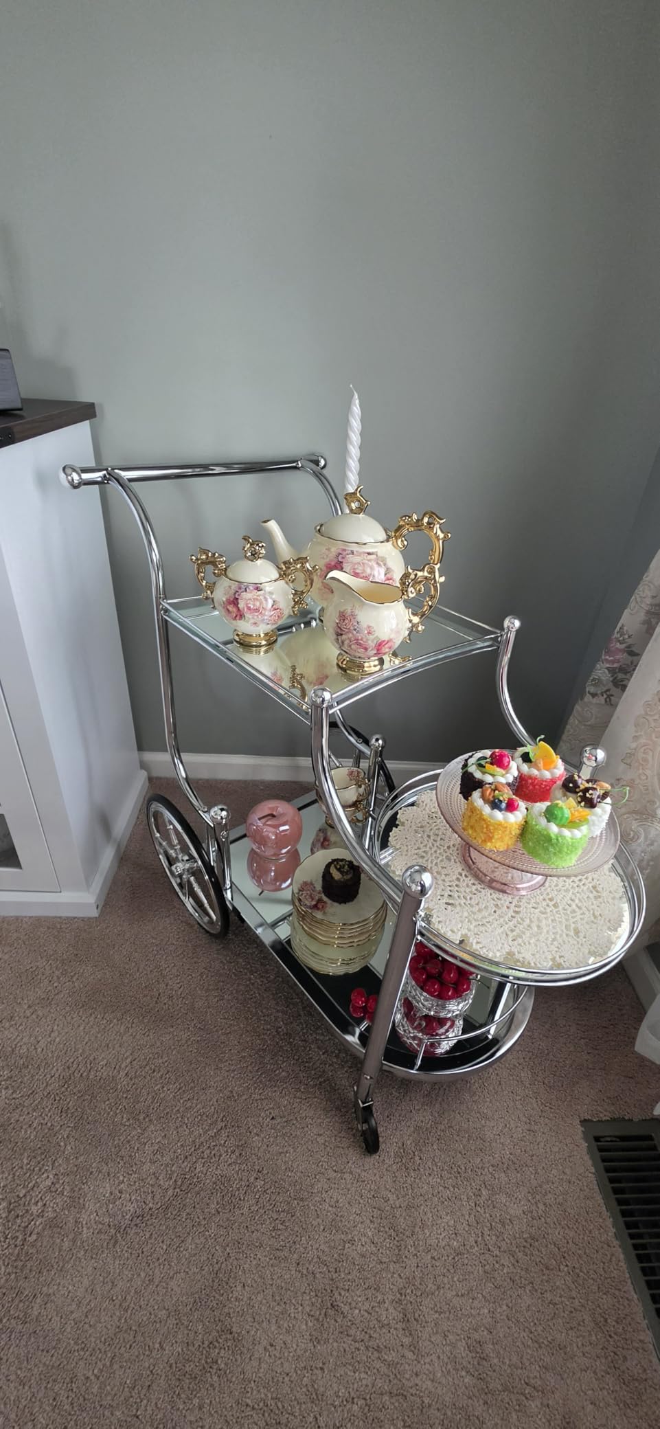 Tangkula Bar Cart, 3-Tier Rolling Home Bar Serving Cart with Mirrored Shelves & 4 Wheels, Mobile Beverage & Wine Cart for Kitchen, Dining Room, Living Room (Silver) customer photo 2