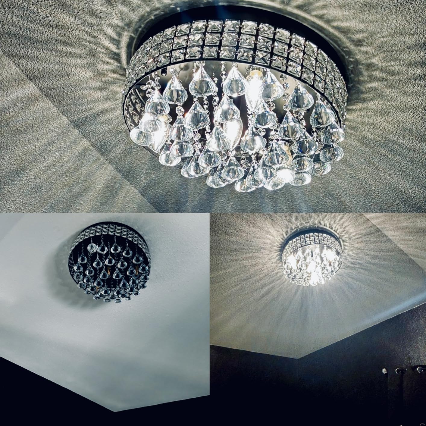 Maxax 4 Lights Crystal Chandelier, Modern Drum Ceiling Light Fixture Lamp, Raindrop Flush Mount Round Metal Shade, for Dining Room, Living Room, Bathroom, Bedroom, Chrome customer photo 1