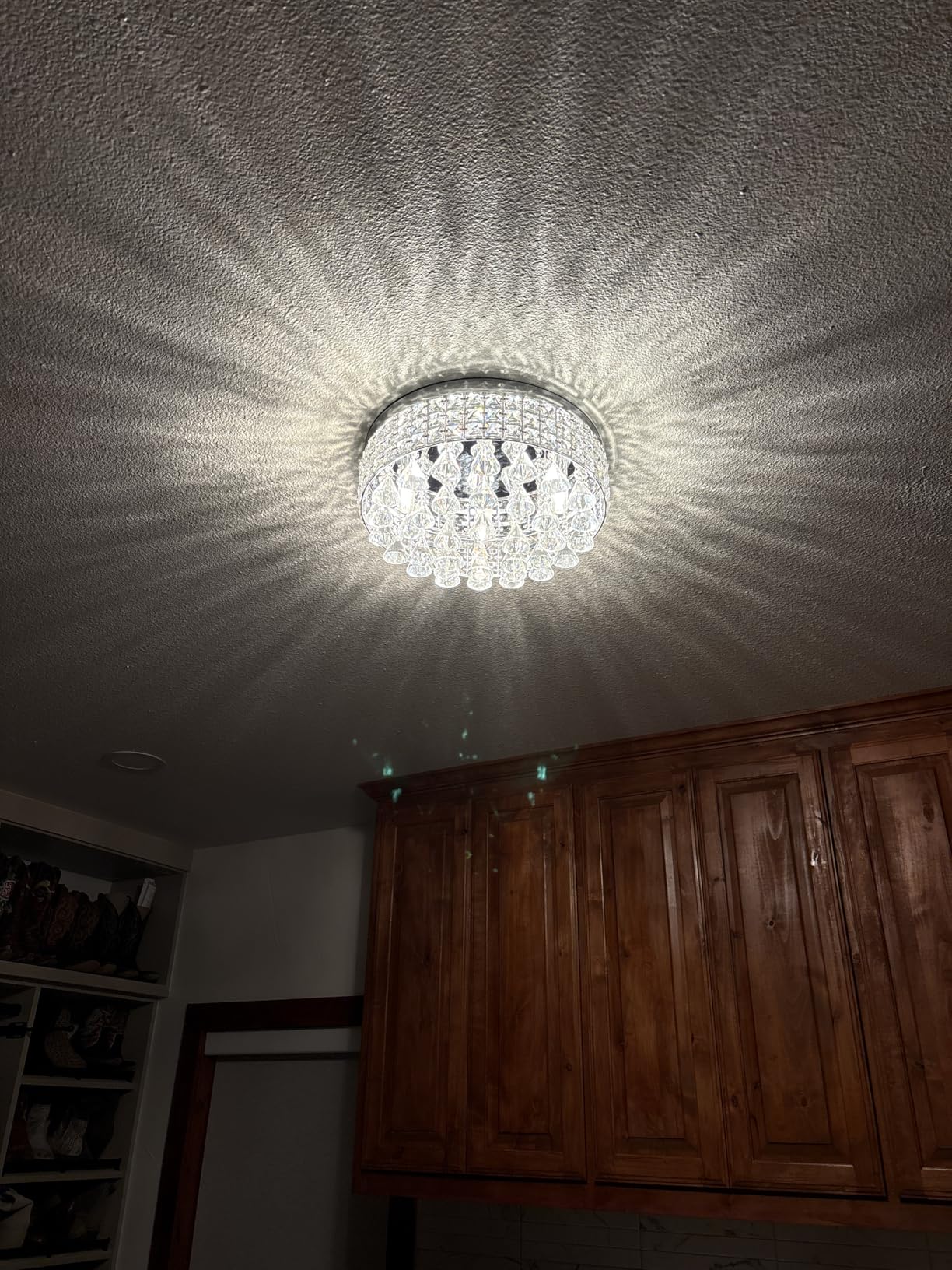 Maxax 4 Lights Crystal Chandelier, Modern Drum Ceiling Light Fixture Lamp, Raindrop Flush Mount Round Metal Shade, for Dining Room, Living Room, Bathroom, Bedroom, Chrome customer photo 2