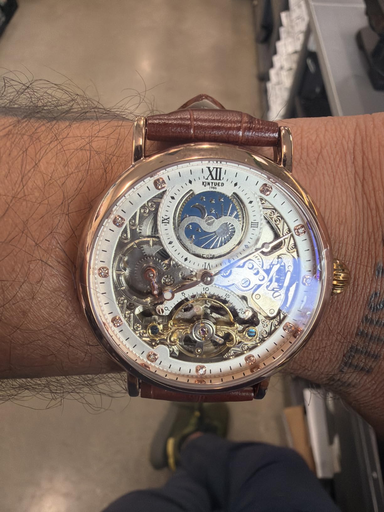 IK COLOURING Bestn Mens Luxury Skeleton Automatic Mechanical Wrist Watches Leather Moon Phrase Luminous Hands Self-Wind Watch customer photo 2